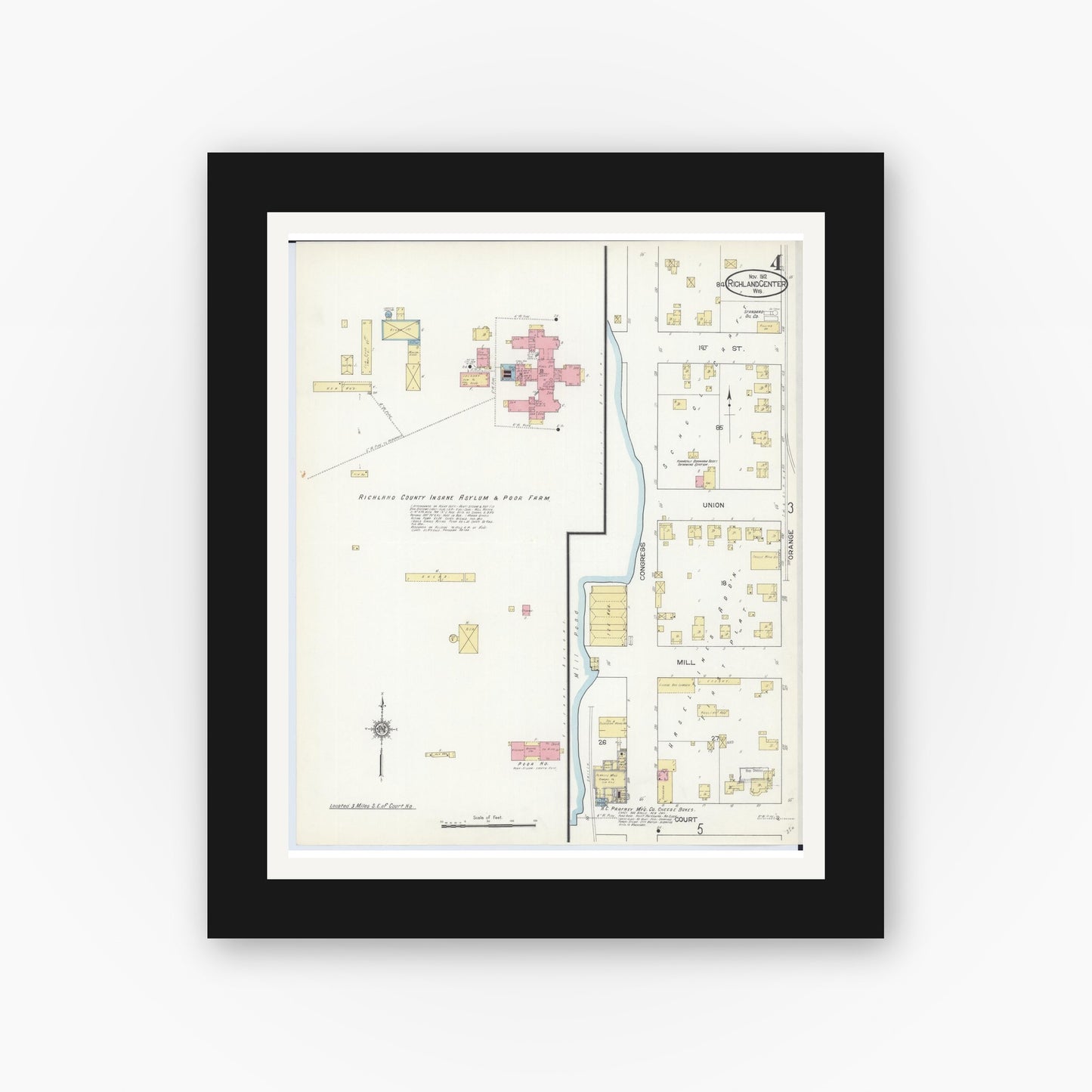 Old map wall art mockup — black gallery frame with white mat — Sanborn Fire Insurance Map from Richland Center, Richland County, Wisconsin (1912), Sheet #0004