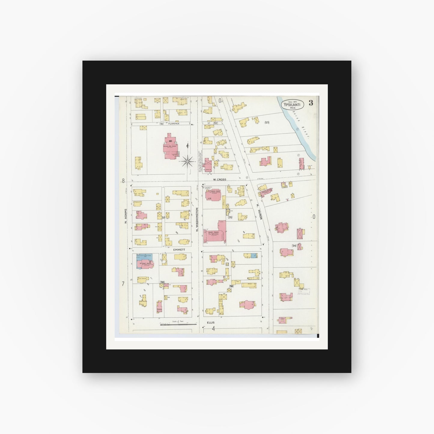 Old map wall art mockup — black gallery frame with white mat — Sanborn Fire Insurance Map from Ypsilanti, Washtenaw County, Michigan (1899), Sheet #0003