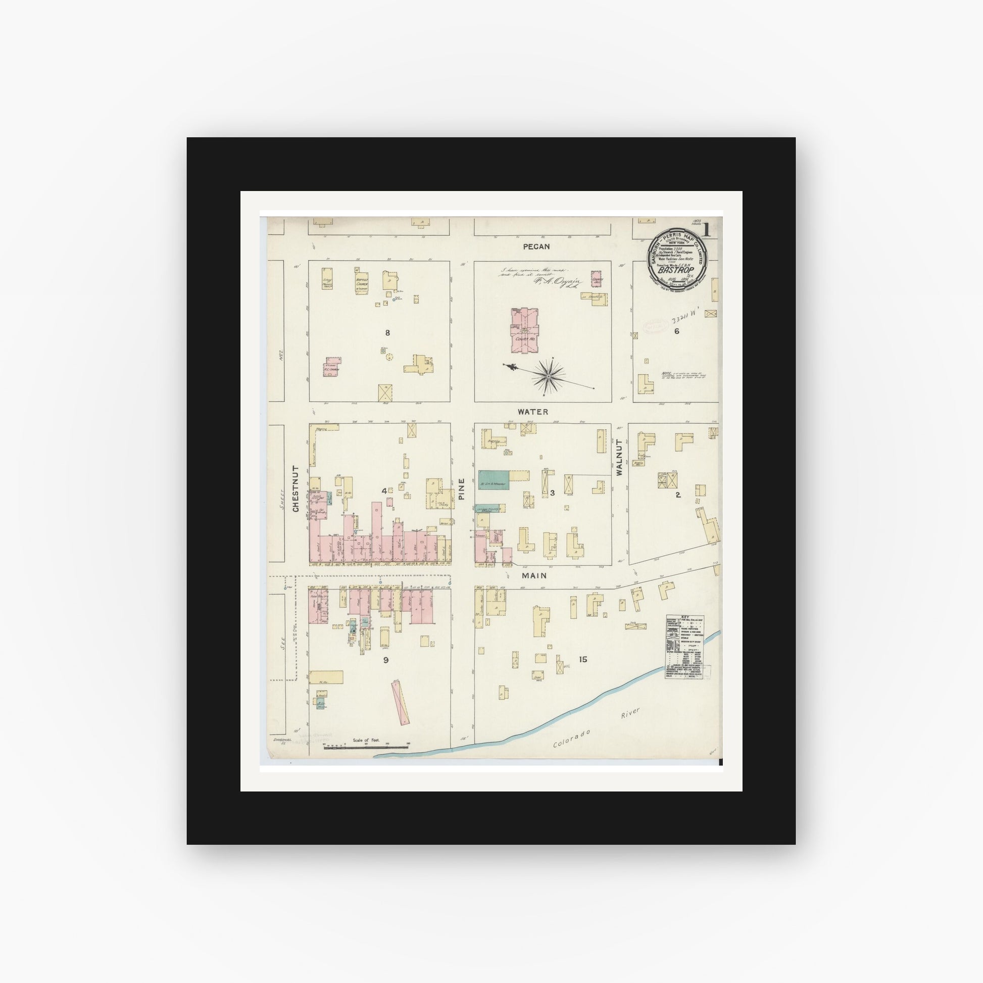 Old map wall art mockup — black gallery frame with white mat — Sanborn Fire Insurance Map from Bastrop, Bastrop County, Texas (1891), Sheet #0001