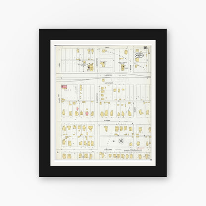 Old map wall art mockup — black gallery frame with white mat — Sanborn Fire Insurance Map from Moberly, Randolph County, Missouri (1899), Sheet #0010