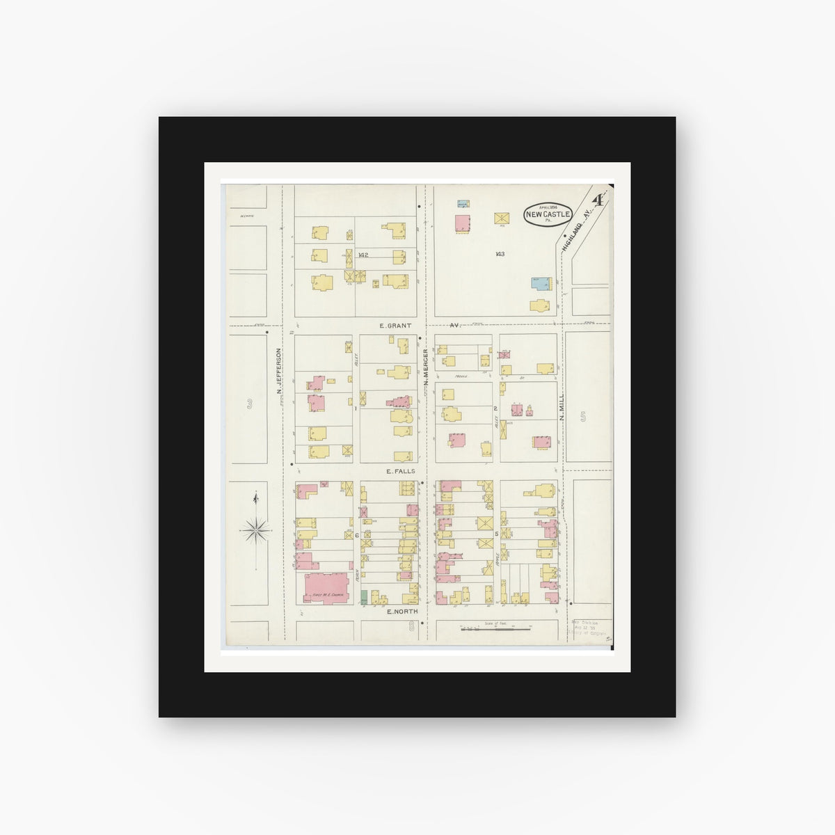 Old map wall art mockup — black gallery frame with white mat — Sanborn Fire Insurance Map from New Castle, Lawrence County, Pennsylvania (1894), Sheet #0004