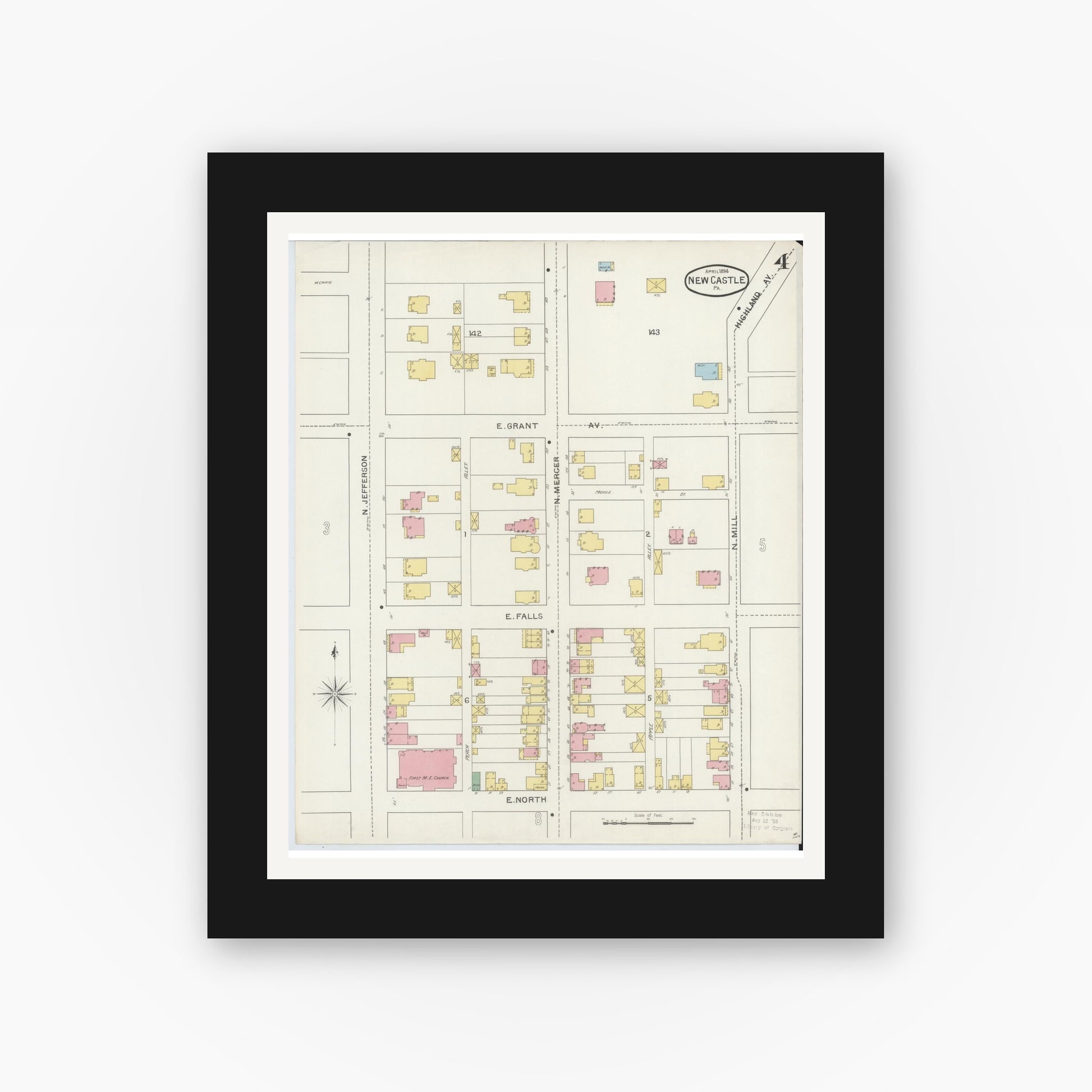 Old map wall art mockup — black gallery frame with white mat — Sanborn Fire Insurance Map from New Castle, Lawrence County, Pennsylvania (1894), Sheet #0004