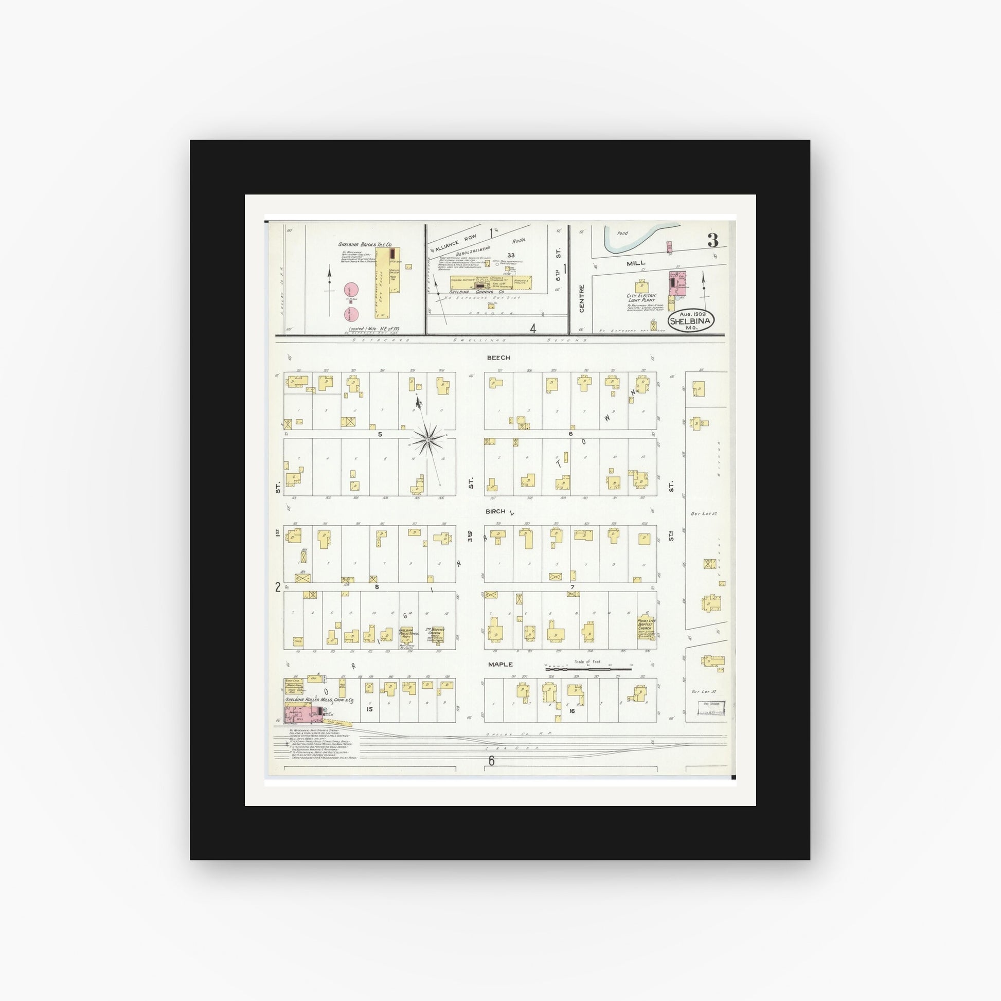 Old map wall art mockup — black gallery frame with white mat — Sanborn Fire Insurance Map from Shelbina, Shelby County, Missouri (1909), Sheet #0003