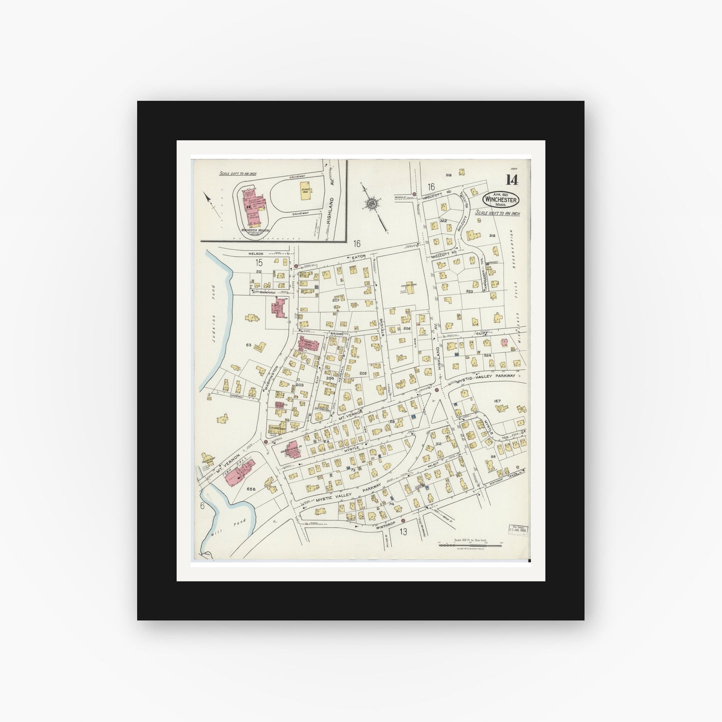 Old map wall art mockup — black gallery frame with white mat — Sanborn Fire Insurance Map from Winchester, Middlesex County, Massachusetts (1921), Sheet #0014