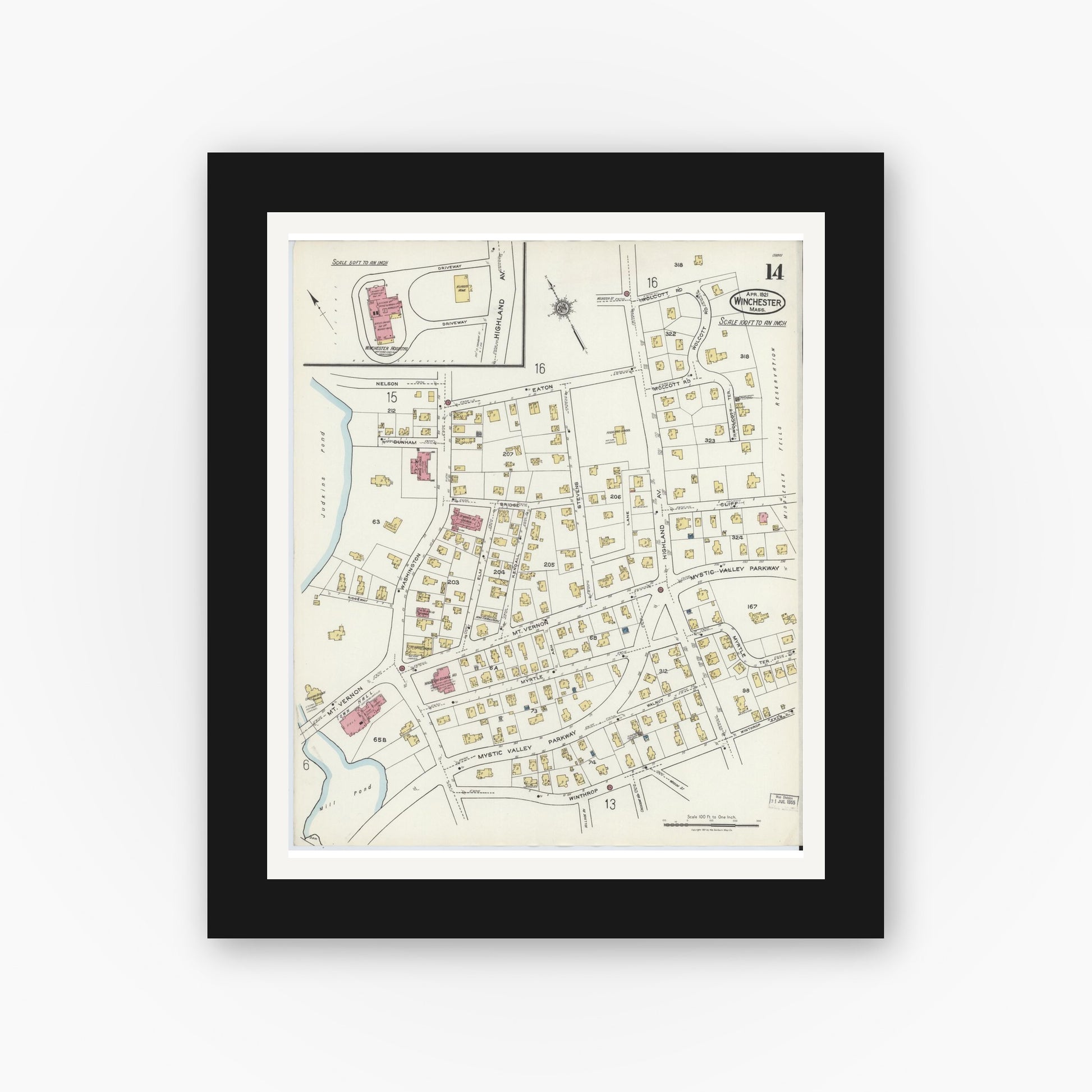 Old map wall art mockup — black gallery frame with white mat — Sanborn Fire Insurance Map from Winchester, Middlesex County, Massachusetts (1921), Sheet #0014