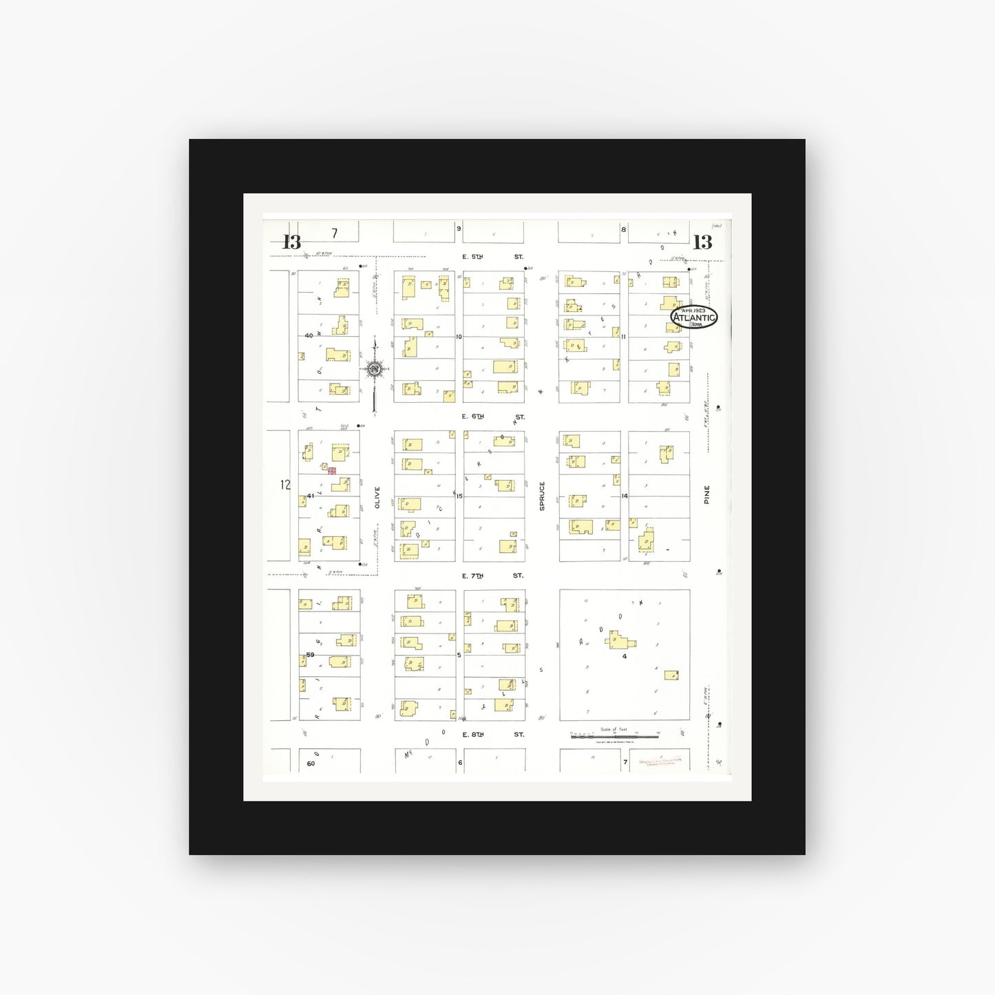 Old map wall art mockup — black gallery frame with white mat — Sanborn Fire Insurance Map from Atlantic, Cass County, Iowa (1923), Sheet #0013