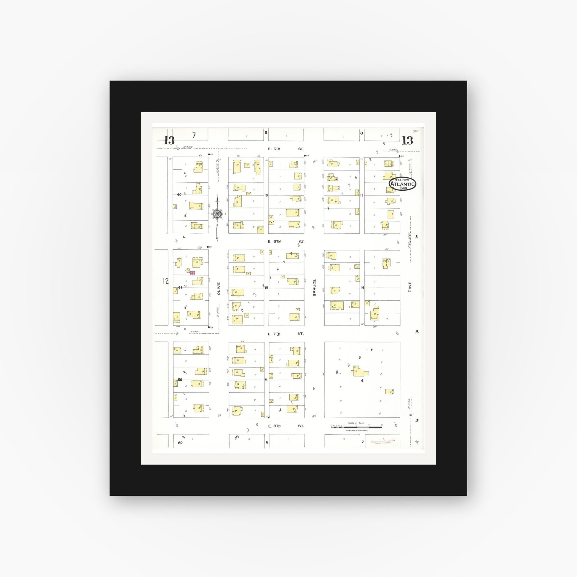 Old map wall art mockup — black gallery frame with white mat — Sanborn Fire Insurance Map from Atlantic, Cass County, Iowa (1923), Sheet #0013