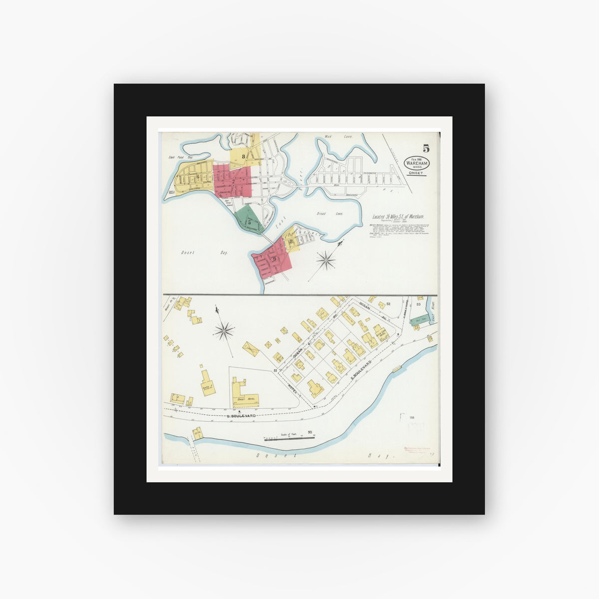 Old map wall art mockup — black gallery frame with white mat — Sanborn Fire Insurance Map from Wareham, Plymouth County, Massachusetts (1906), Sheet #0005