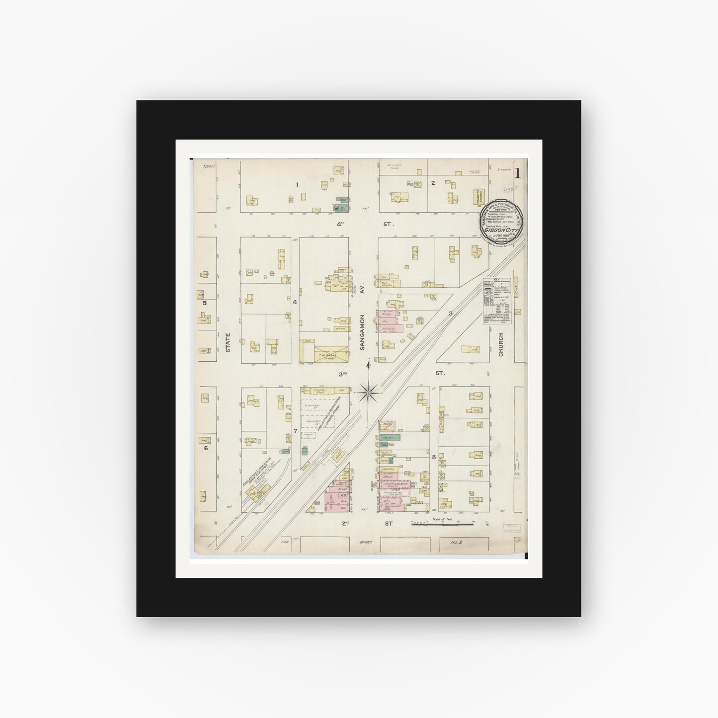 Old map wall art mockup — black gallery frame with white mat — Sanborn Fire Insurance Map from Gibson City, Ford County, Illinois (1888) - Complete Map Set