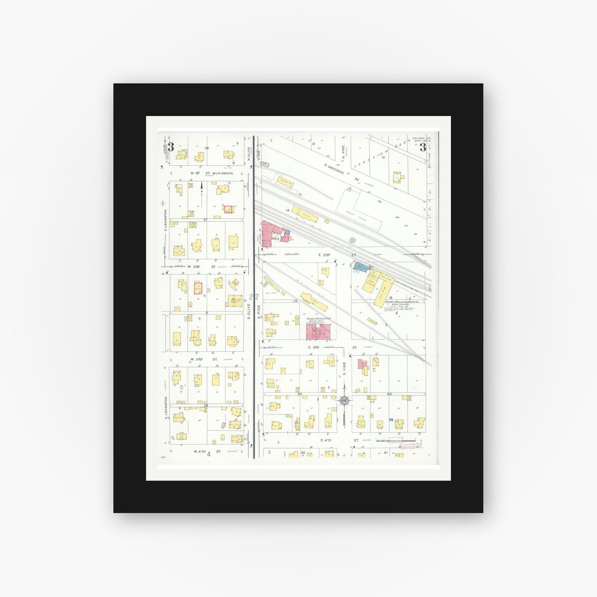 Old map wall art mockup — black gallery frame with white mat — Sanborn Fire Insurance Map from Holden, Johnson County, Missouri (1931), Sheet #0003