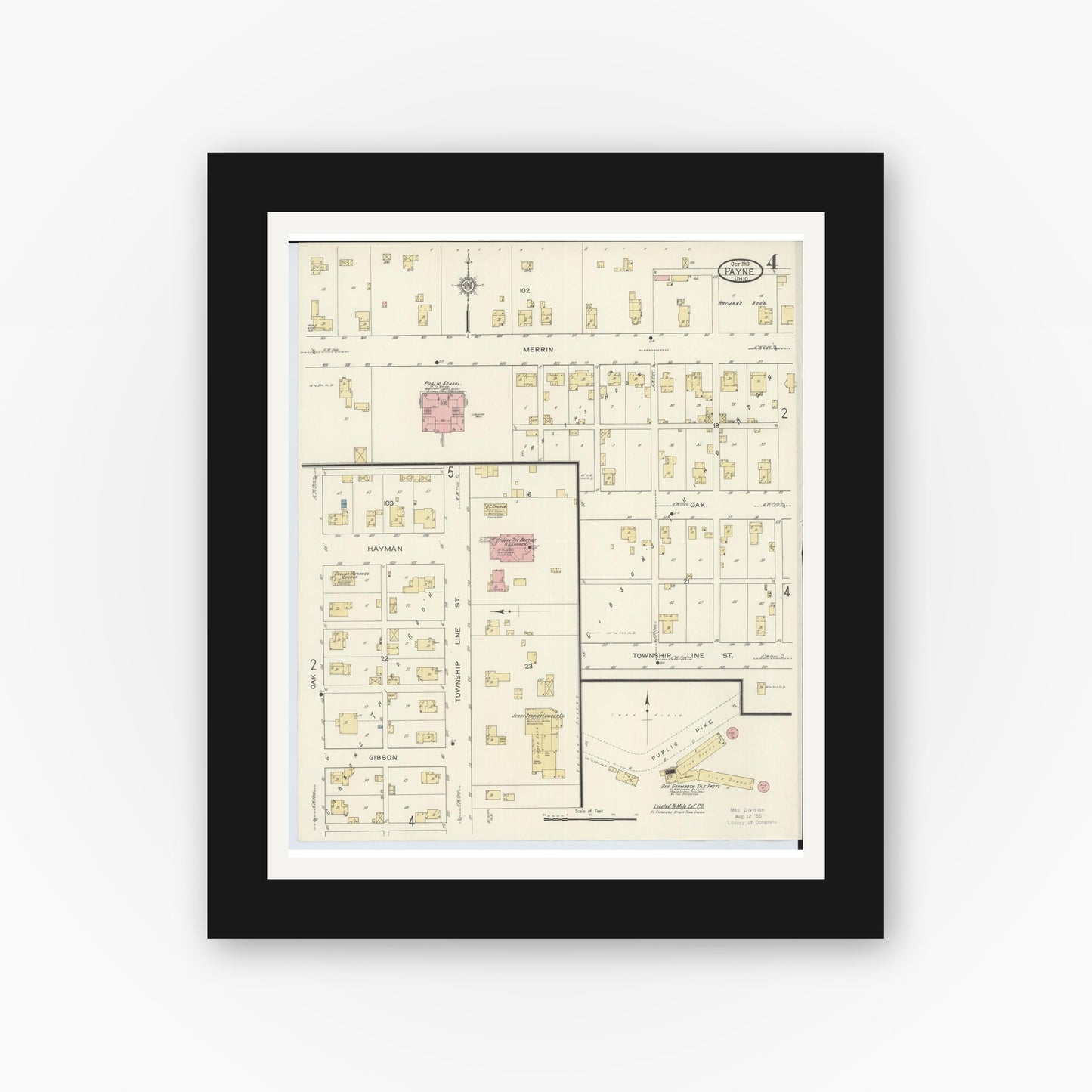 Old map wall art mockup — black gallery frame with white mat — Sanborn Fire Insurance Map from Payne, Paulding County, Ohio (1913), Sheet #0004