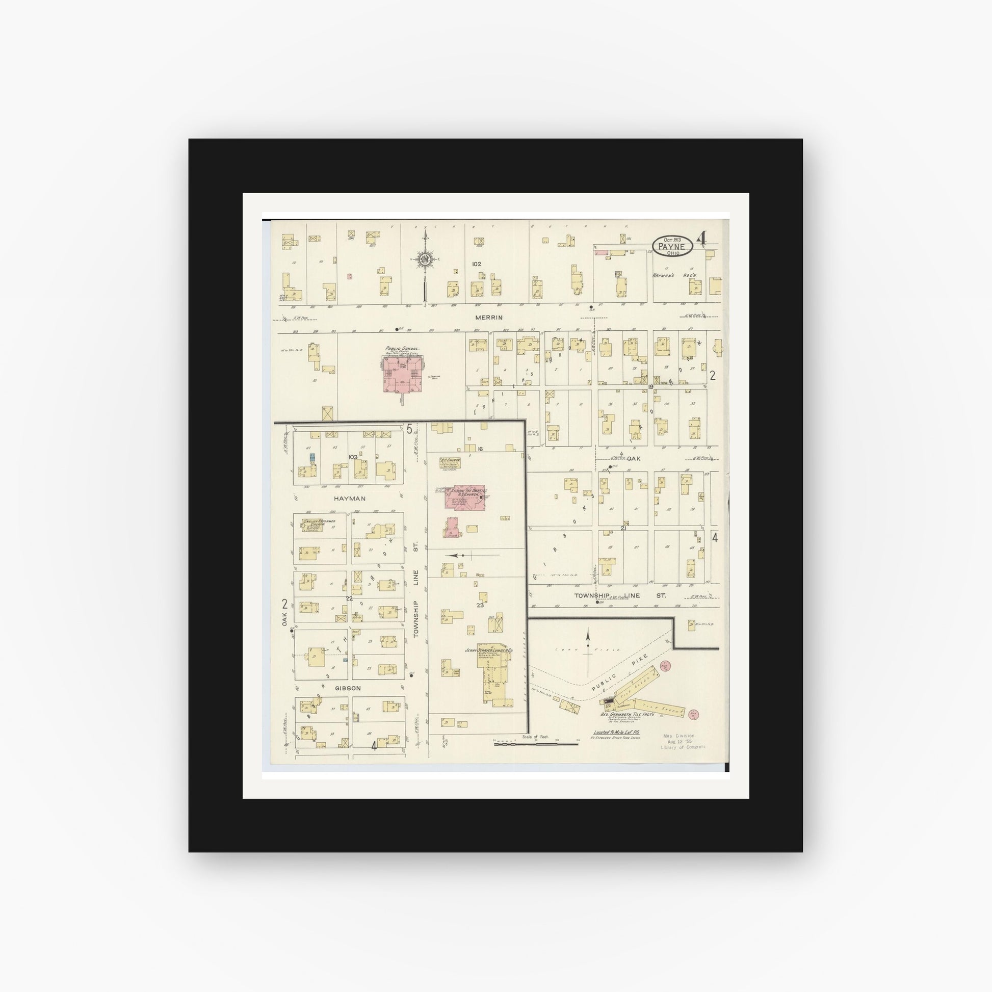 Old map wall art mockup — black gallery frame with white mat — Sanborn Fire Insurance Map from Payne, Paulding County, Ohio (1913), Sheet #0004