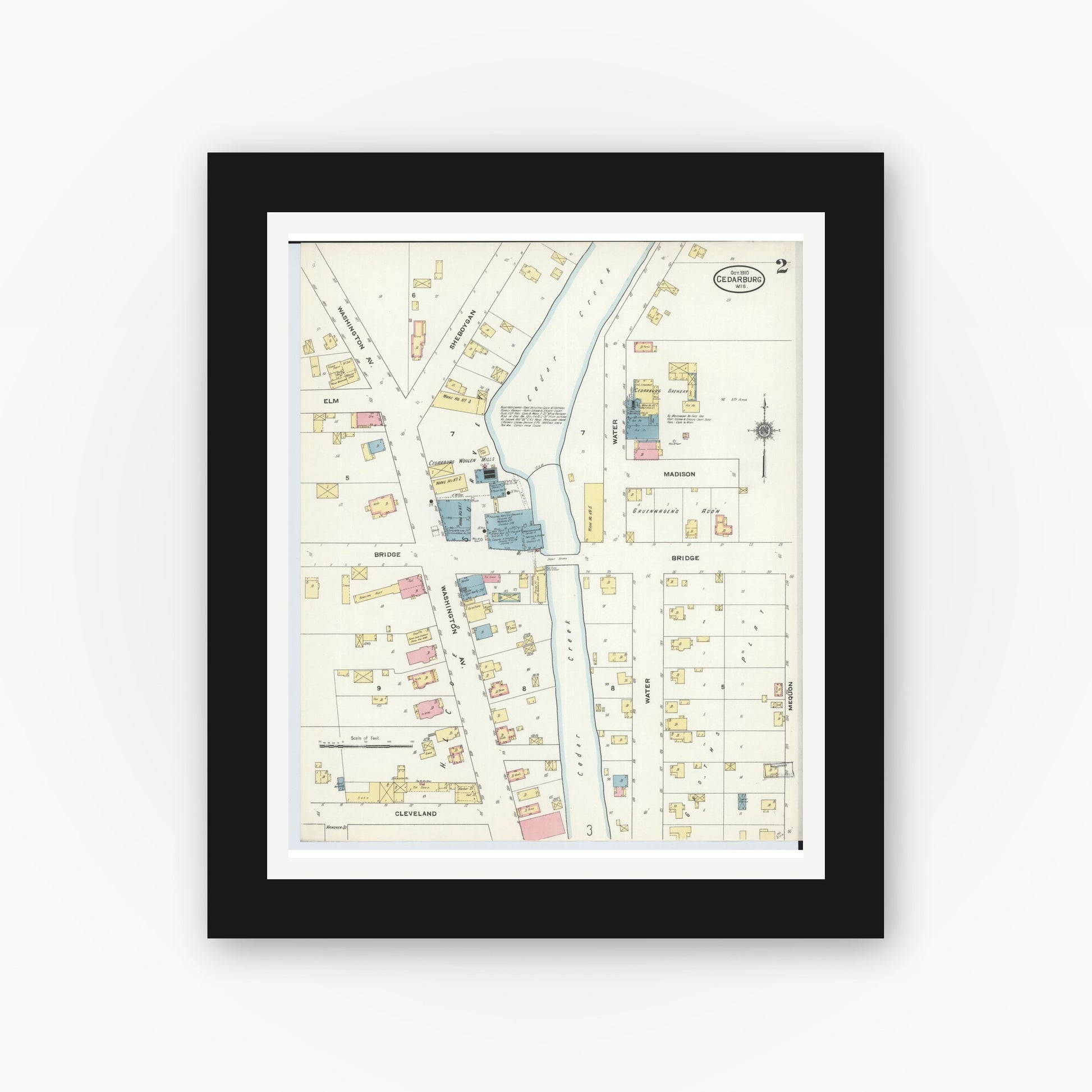 Old map wall art mockup — black gallery frame with white mat — Sanborn Fire Insurance Map from Cedarburg, Ozaukee County, Wisconsin (1910), Sheet #0002
