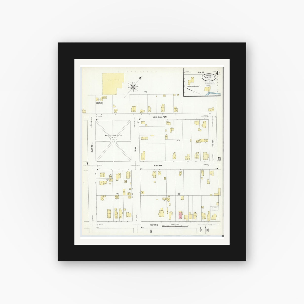 Old map wall art mockup — black gallery frame with white mat — Sanborn Fire Insurance Map from Dansville, Livingston County, New York (1909), Sheet #0004