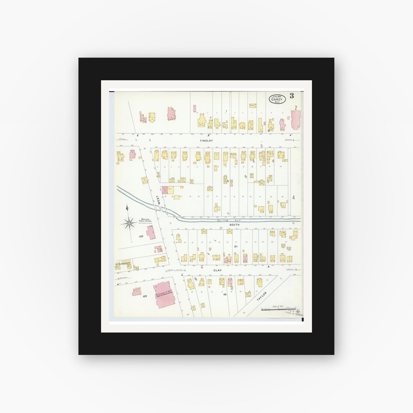 Old map wall art mockup — black gallery frame with white mat — Sanborn Fire Insurance Map from Carey, Wyandot County, Ohio (1908), Sheet #0003