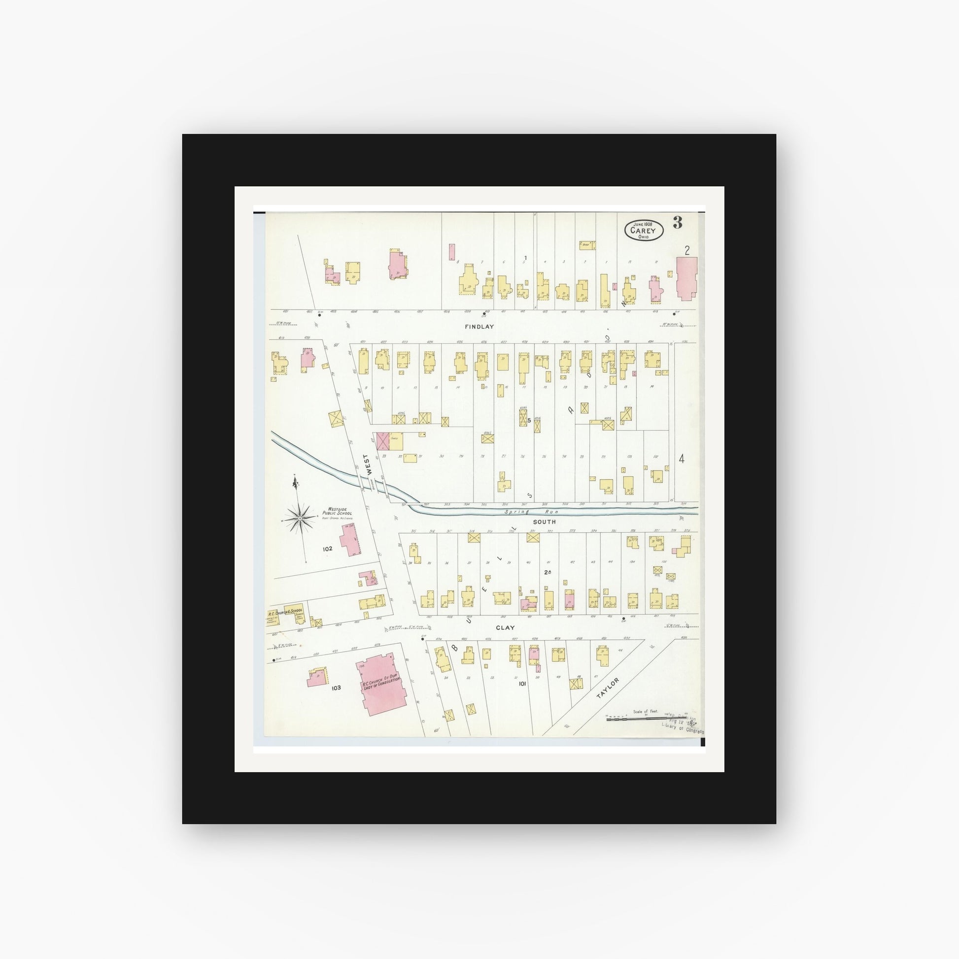 Old map wall art mockup — black gallery frame with white mat — Sanborn Fire Insurance Map from Carey, Wyandot County, Ohio (1908), Sheet #0003