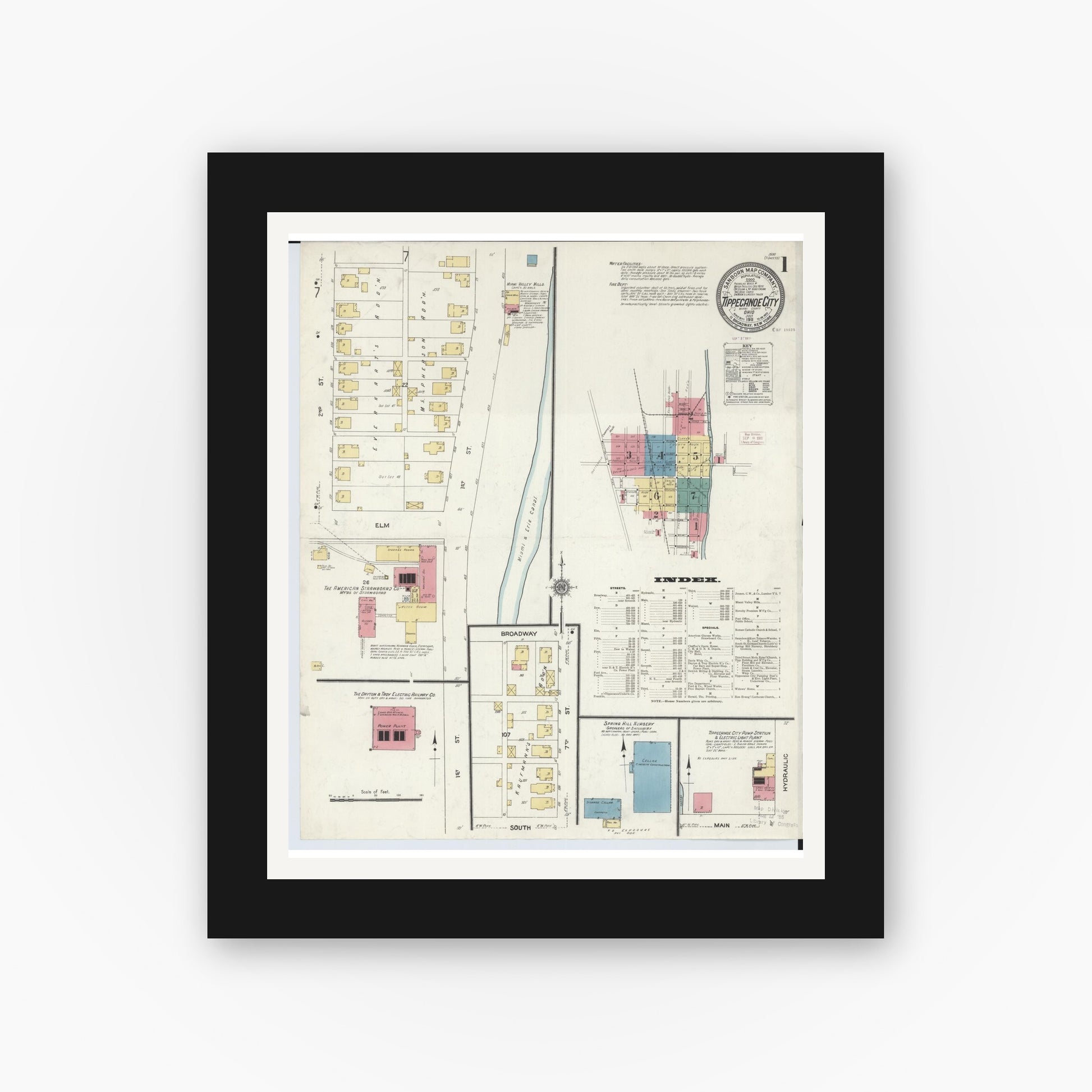 Old map wall art mockup — black gallery frame with white mat — Sanborn Fire Insurance Map from Tipp City, Miami County, Ohio (1911) - Complete Map Set