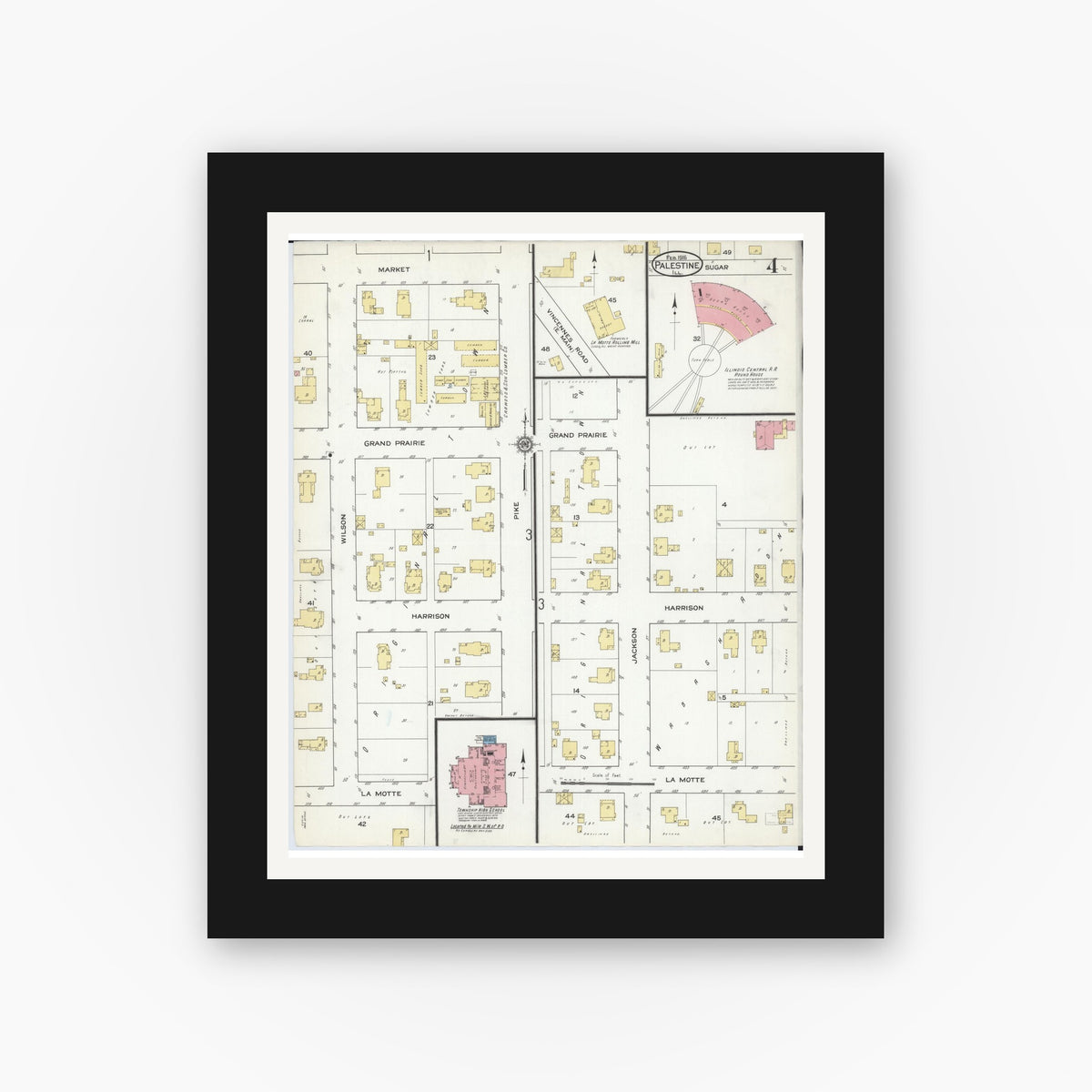Old map wall art mockup — black gallery frame with white mat — Sanborn Fire Insurance Map from Palestine, Crawford County, Illinois (1916), Sheet #0004