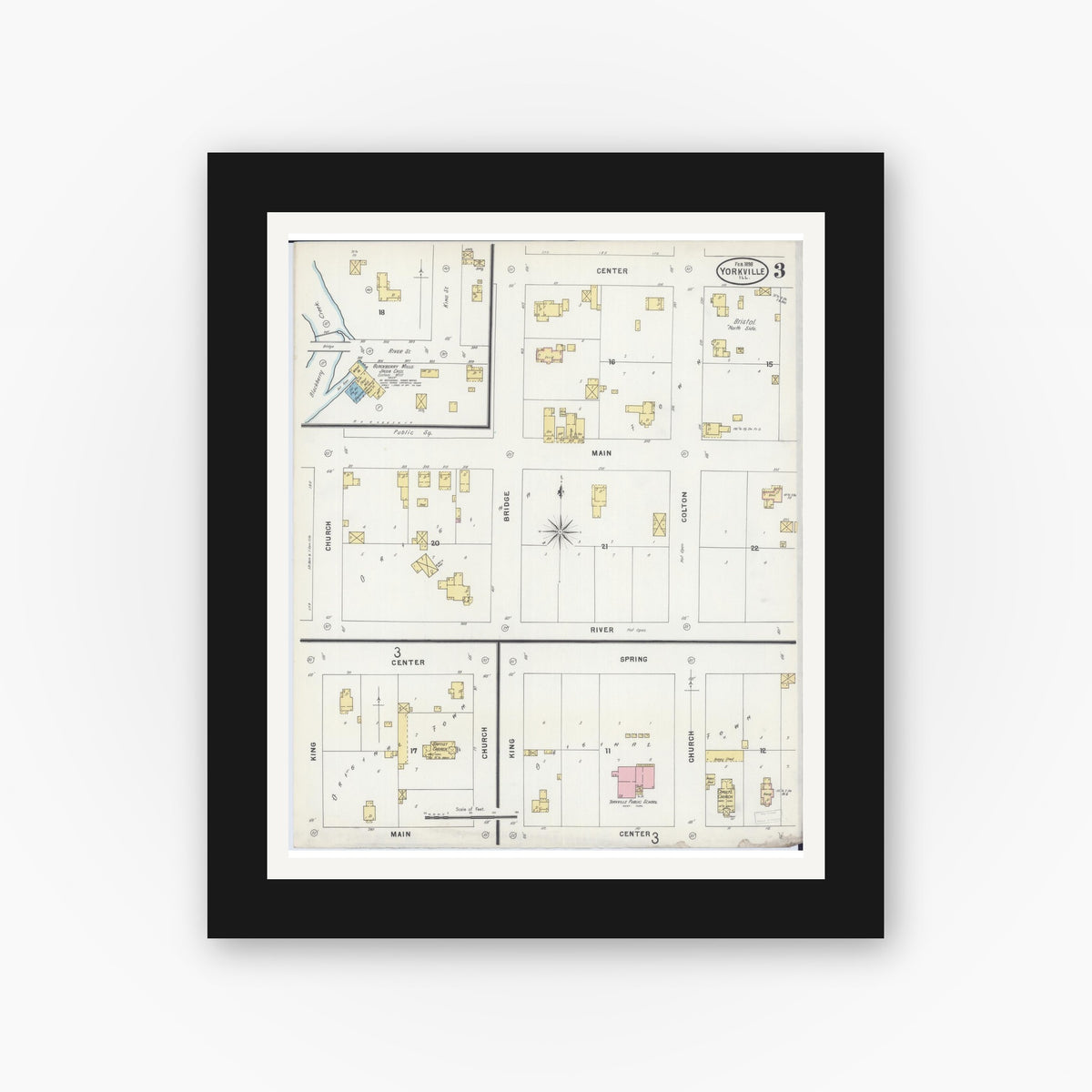 Old map wall art mockup — black gallery frame with white mat — Sanborn Fire Insurance Map from Yorkville, Kendall County, Illinois (1898), Sheet #0003