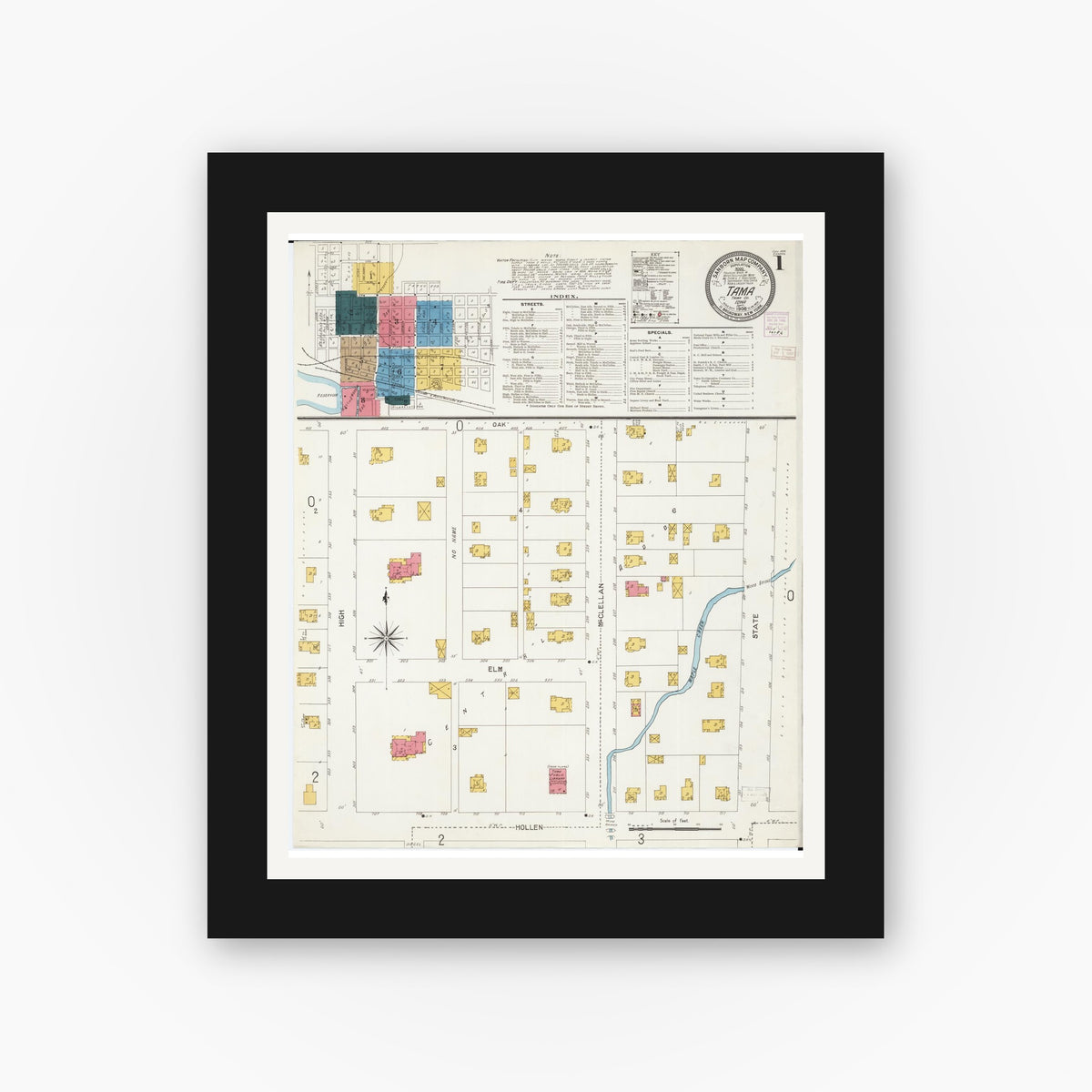 Old map wall art mockup — black gallery frame with white mat — Sanborn Fire Insurance Map from Tama, Tama County, Iowa (1906), Sheet #0001