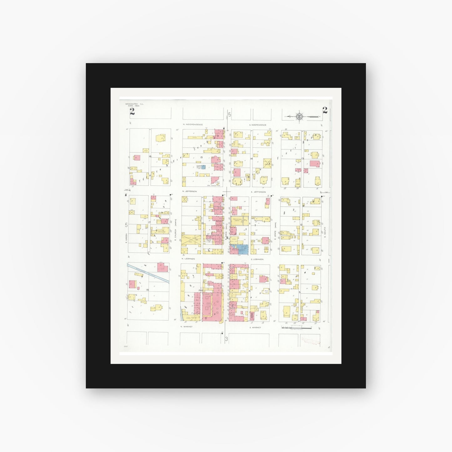 Old map wall art mockup — black gallery frame with white mat — Sanborn Fire Insurance Map from Mascoutah, Saint Clair County, Illinois (1933), Sheet #0002
