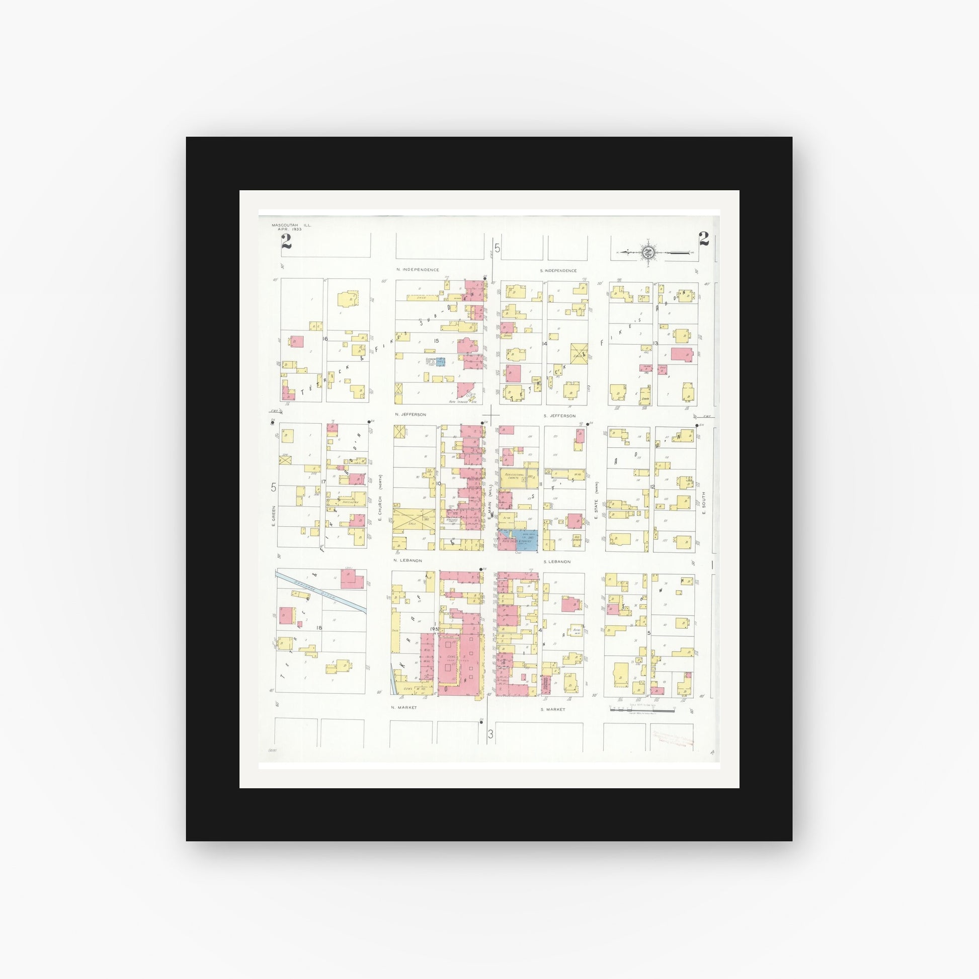 Old map wall art mockup — black gallery frame with white mat — Sanborn Fire Insurance Map from Mascoutah, Saint Clair County, Illinois (1933), Sheet #0002