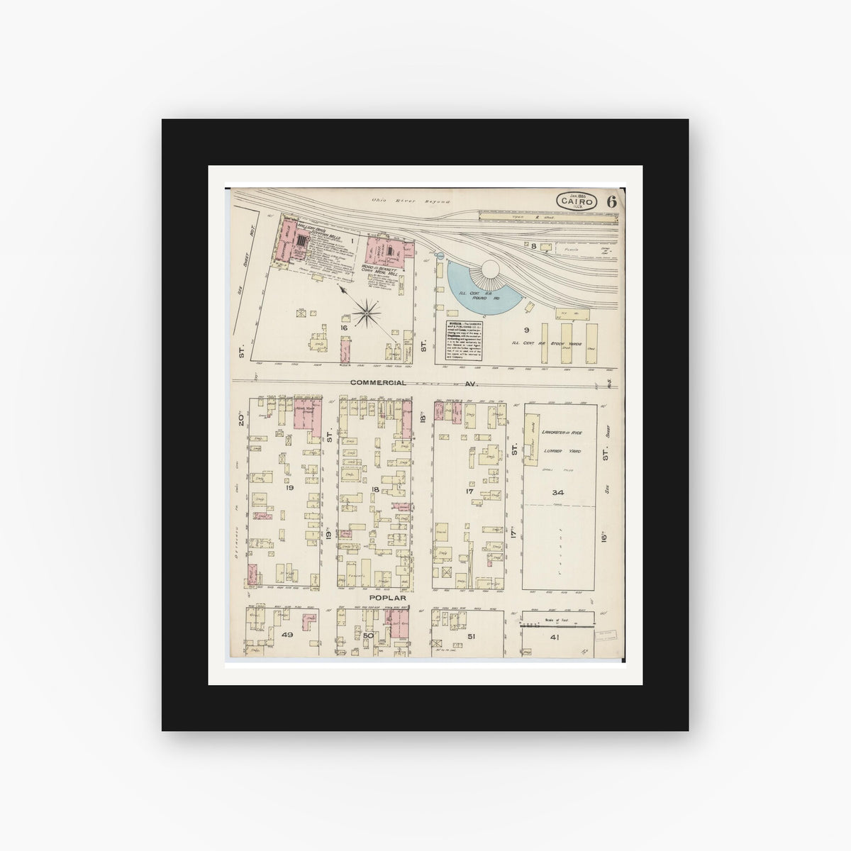 Old map wall art mockup — black gallery frame with white mat — Sanborn Fire Insurance Map from Cairo, Alexander County, Illinois (1885), Sheet #0006