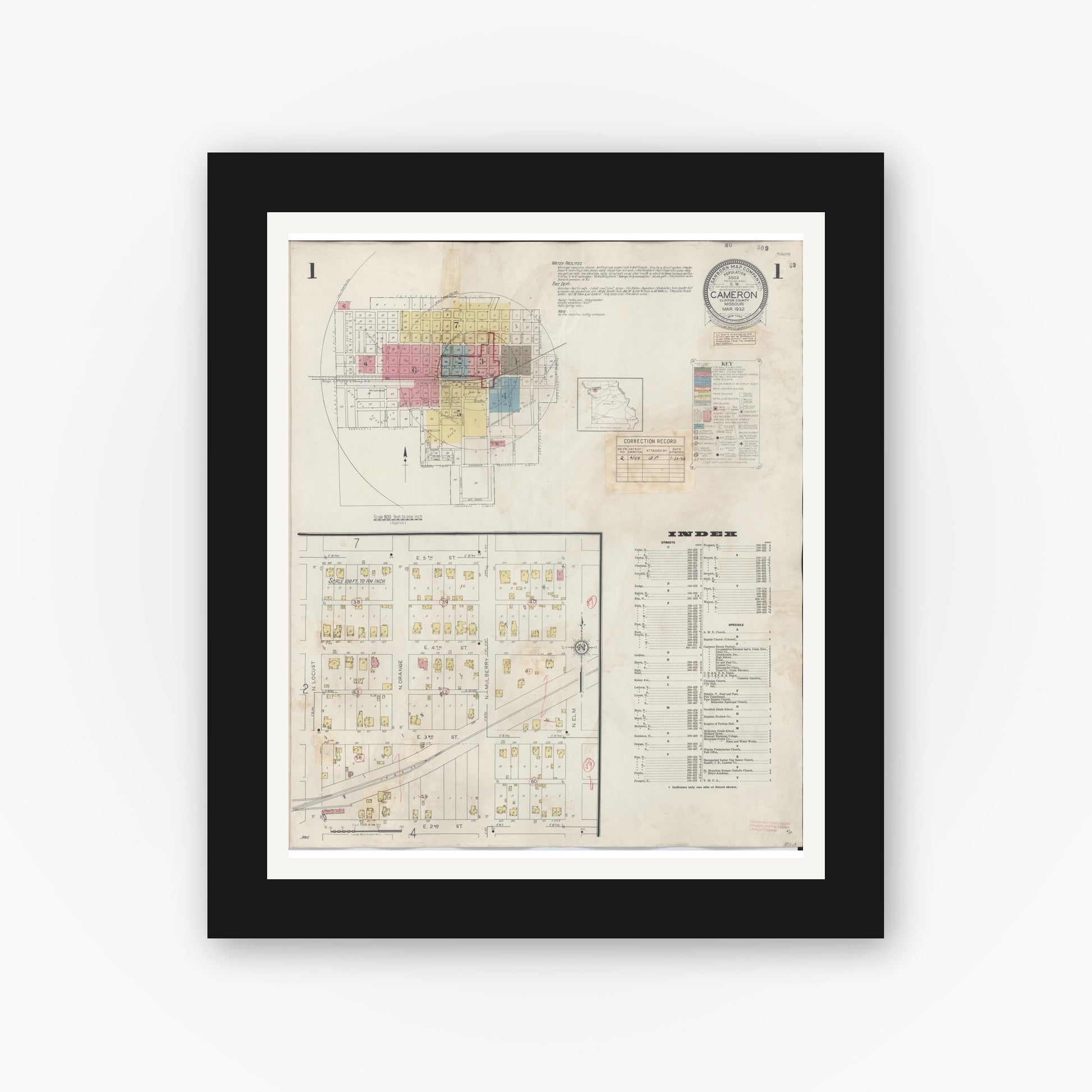 Old map wall art mockup — black gallery frame with white mat — Sanborn Fire Insurance Map from Cameron, Clinton County, Missouri (1944) - Complete Map Set