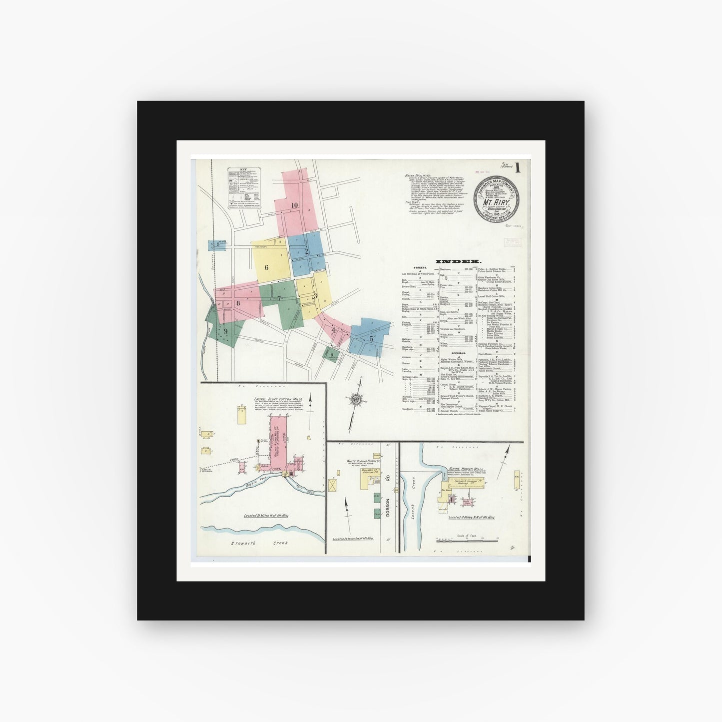 Old map wall art mockup — black gallery frame with white mat — Sanborn Fire Insurance Map from Mount Airy, Surry County, North Carolina (1910) - Complete Map Set