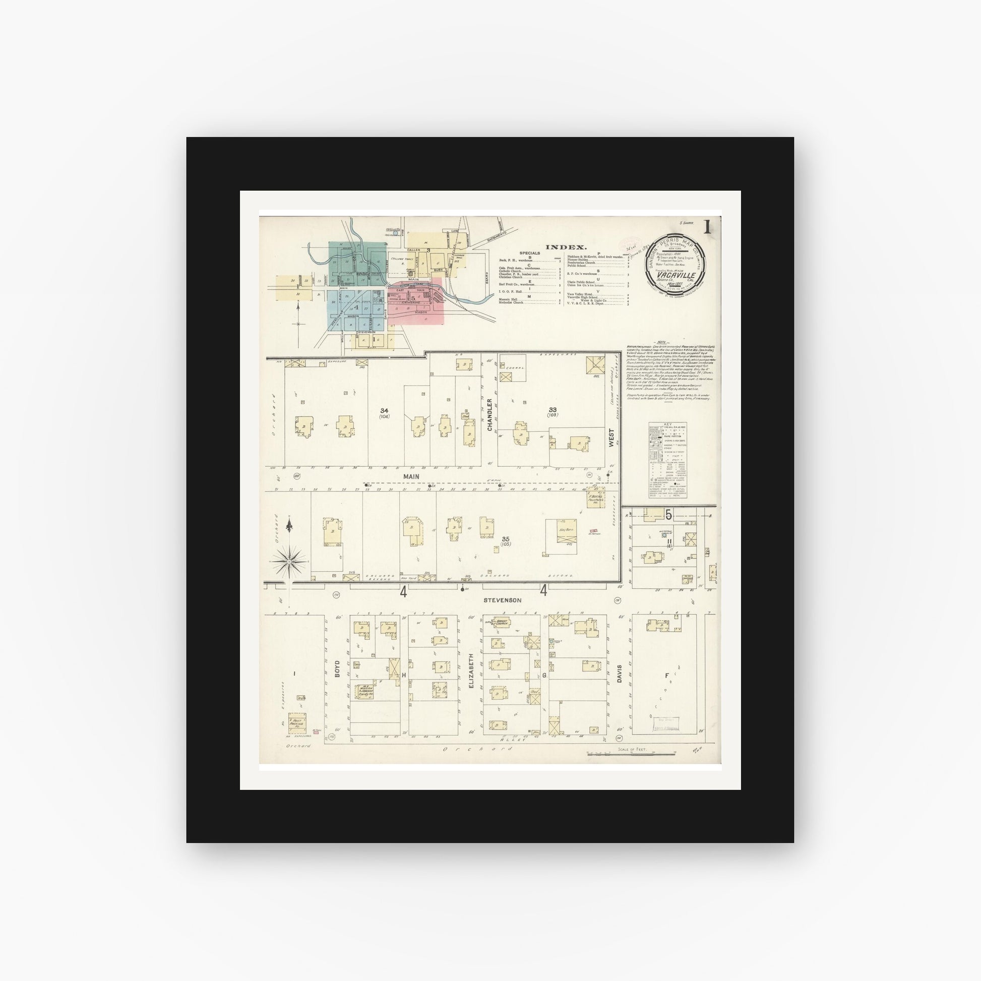 Old map wall art mockup — black gallery frame with white mat — Sanborn Fire Insurance Map from Vacaville, Solano County, California (1897) - Complete Map Set