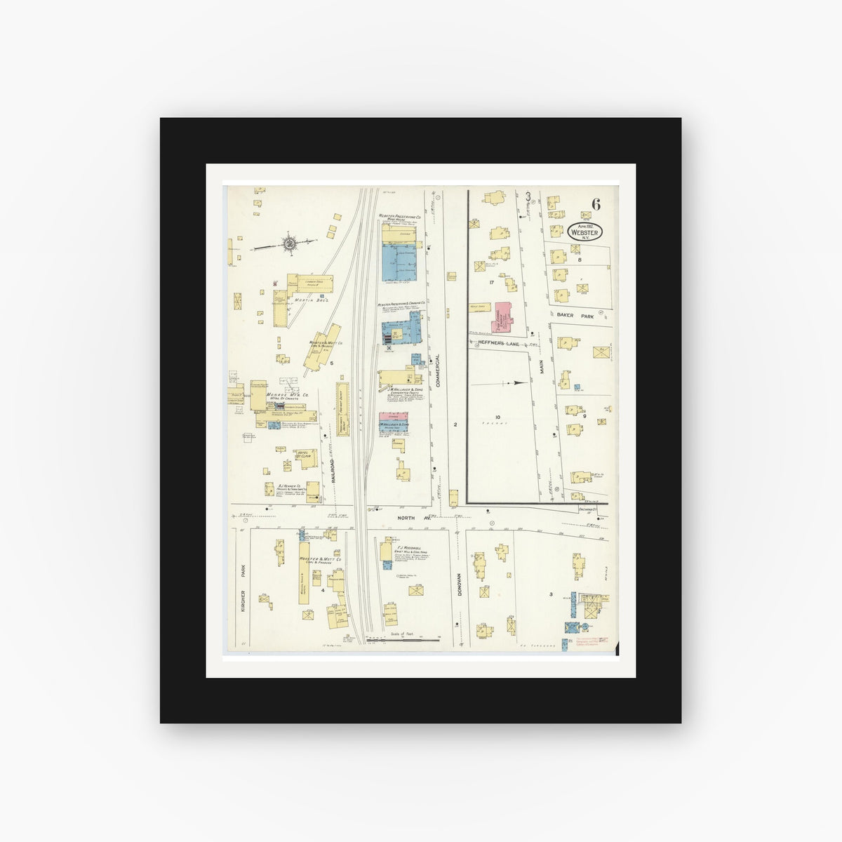 Old map wall art mockup — black gallery frame with white mat — Sanborn Fire Insurance Map from Webster, Monroe County, New York (1912), Sheet #0006