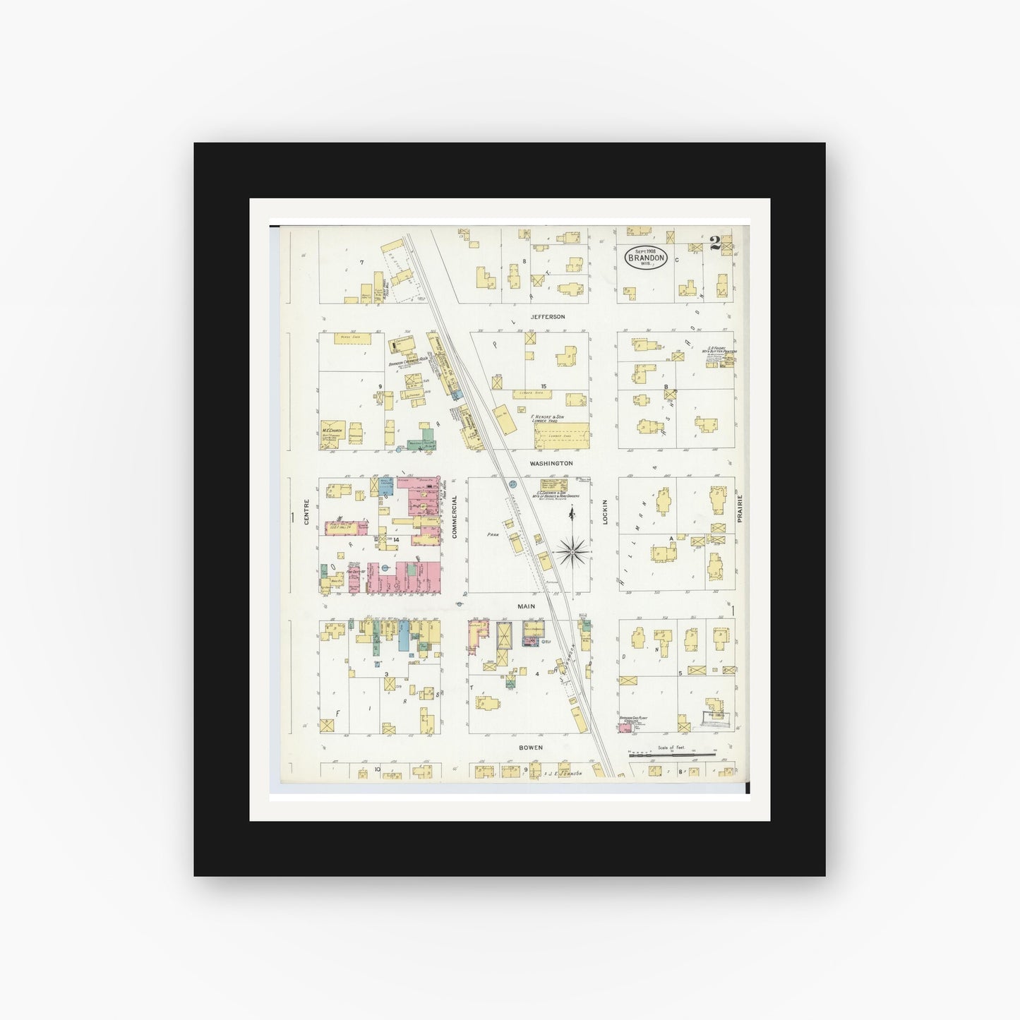 Old map wall art mockup — black gallery frame with white mat — Sanborn Fire Insurance Map from Brandon, Fond du Lac County, Wisconsin (1908), Sheet #0002