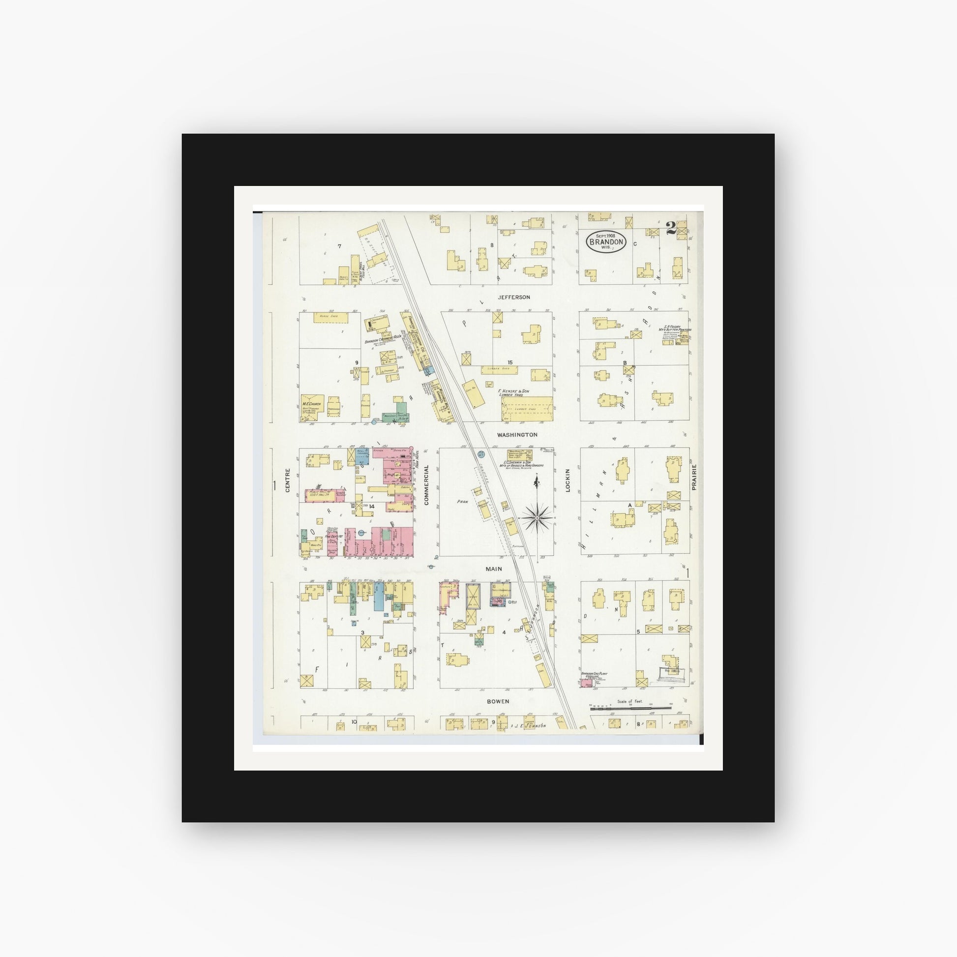 Old map wall art mockup — black gallery frame with white mat — Sanborn Fire Insurance Map from Brandon, Fond du Lac County, Wisconsin (1908), Sheet #0002
