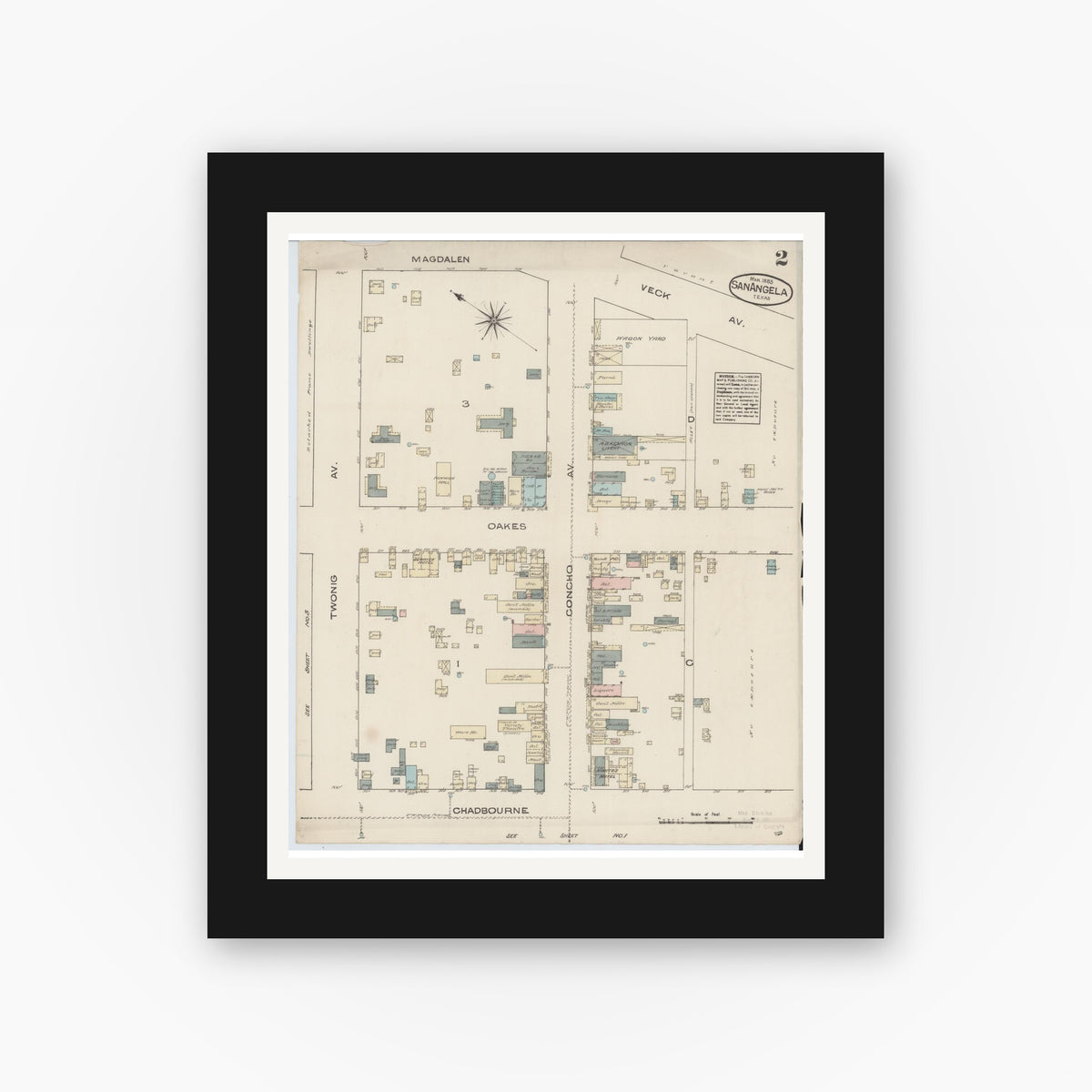 Old map wall art mockup — black gallery frame with white mat — Sanborn Fire Insurance Map from San Angelo, Tom Green County, Texas (1885), Sheet #0002