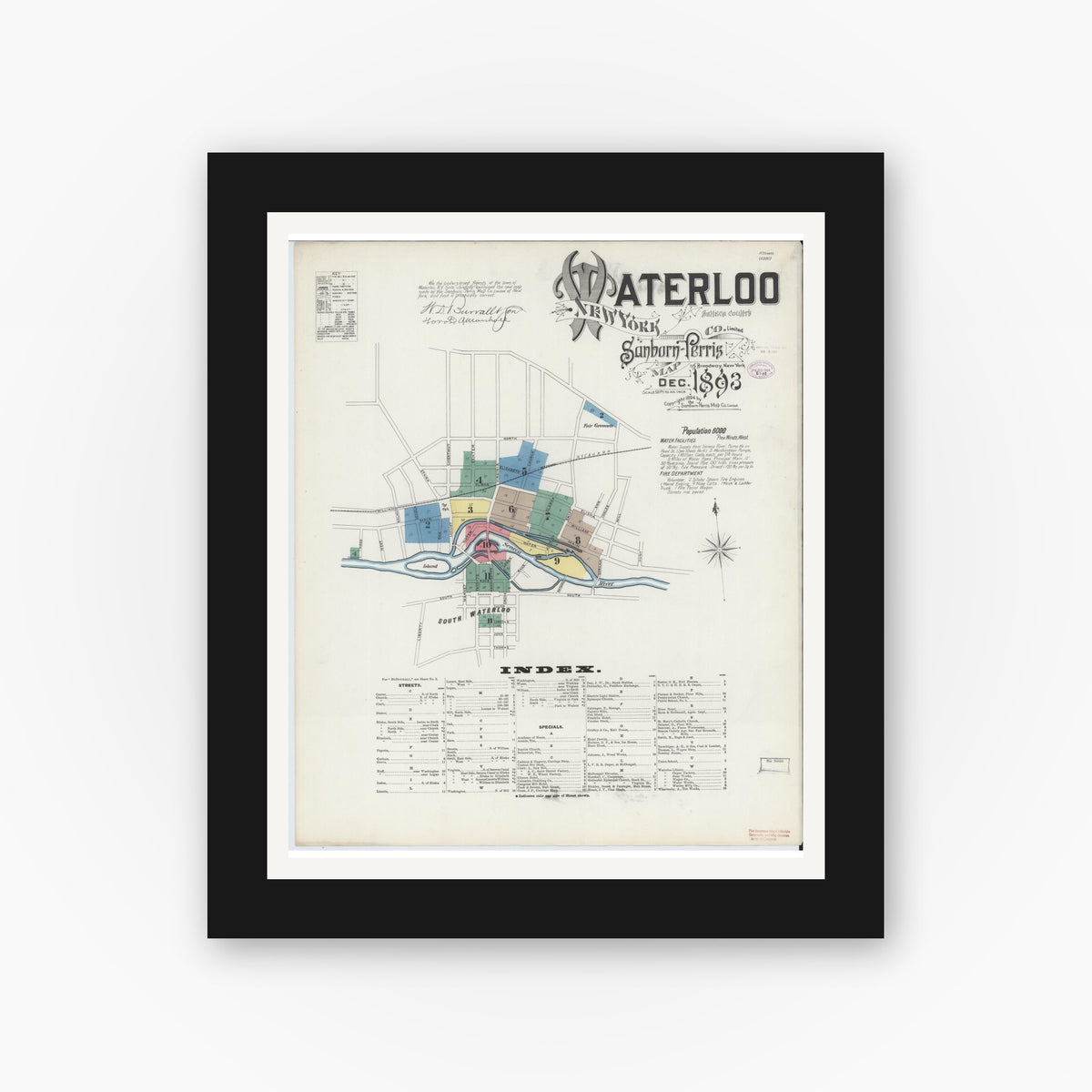 Old map wall art mockup — black gallery frame with white mat — Sanborn Fire Insurance Map from Waterloo, Seneca County, New York (1893) - Complete Map Set