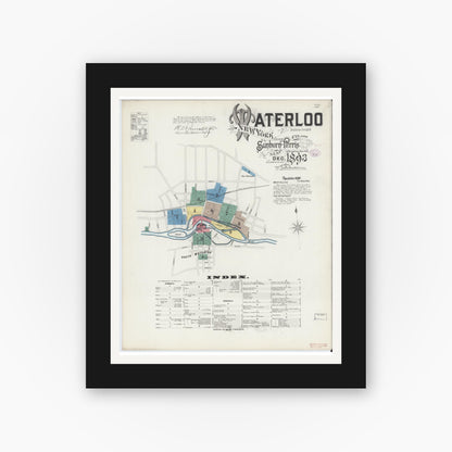 Old map wall art mockup — black gallery frame with white mat — Sanborn Fire Insurance Map from Waterloo, Seneca County, New York (1893) - Complete Map Set