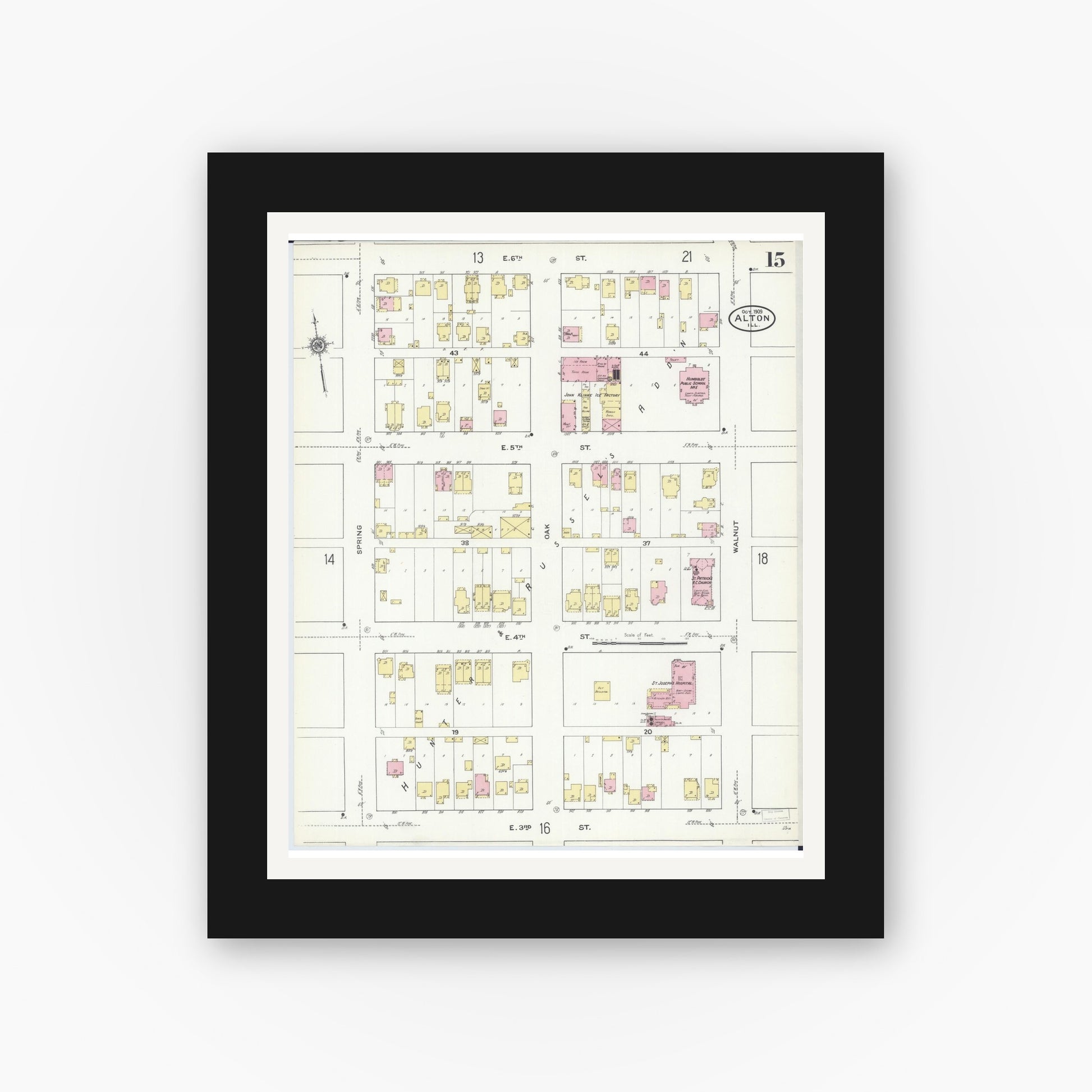 Old map wall art mockup — black gallery frame with white mat — Sanborn Fire Insurance Map from Alton, Madison County, Illinois (1909), Sheet #0015