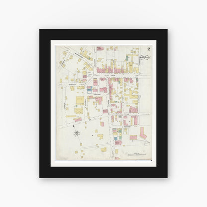Old map wall art mockup — black gallery frame with white mat — Sanborn Fire Insurance Map from Warrenton, Fauquier County, Virginia (1908), Sheet #0002