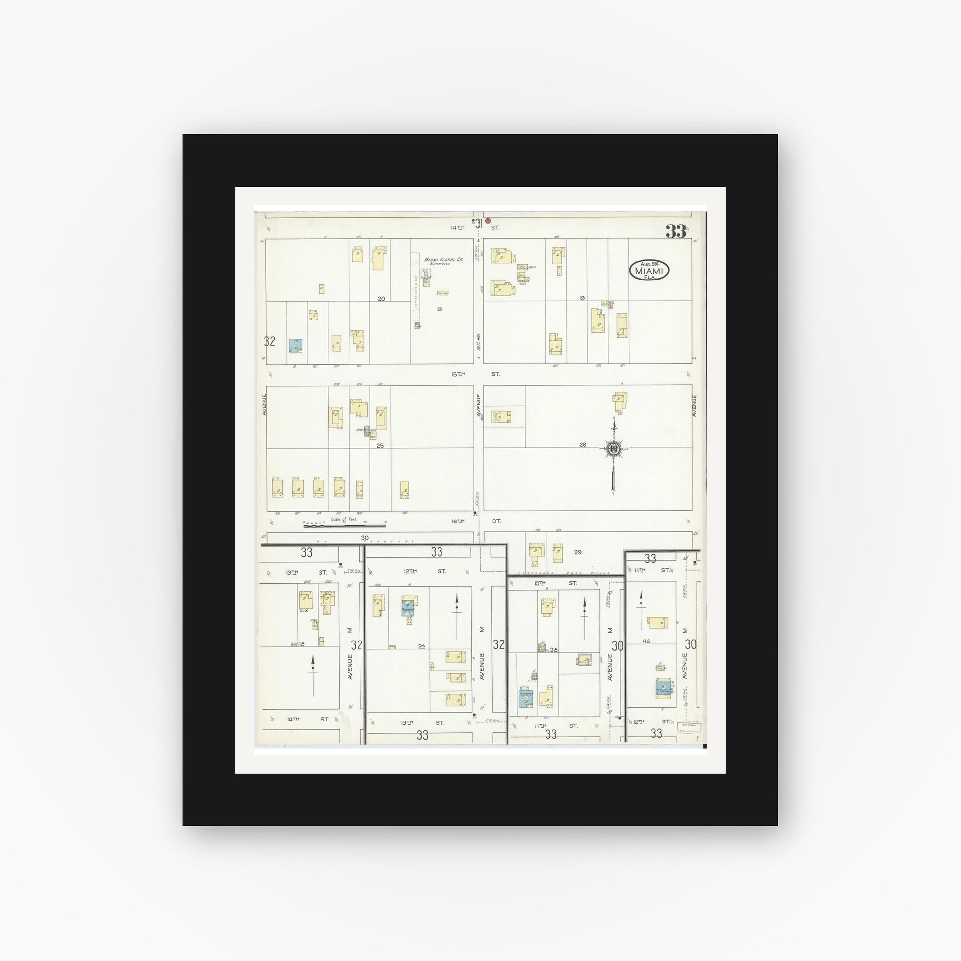 Old map wall art mockup — black gallery frame with white mat — Sanborn Fire Insurance Map from Miami, Dade County, Florida (1914), Sheet #0033