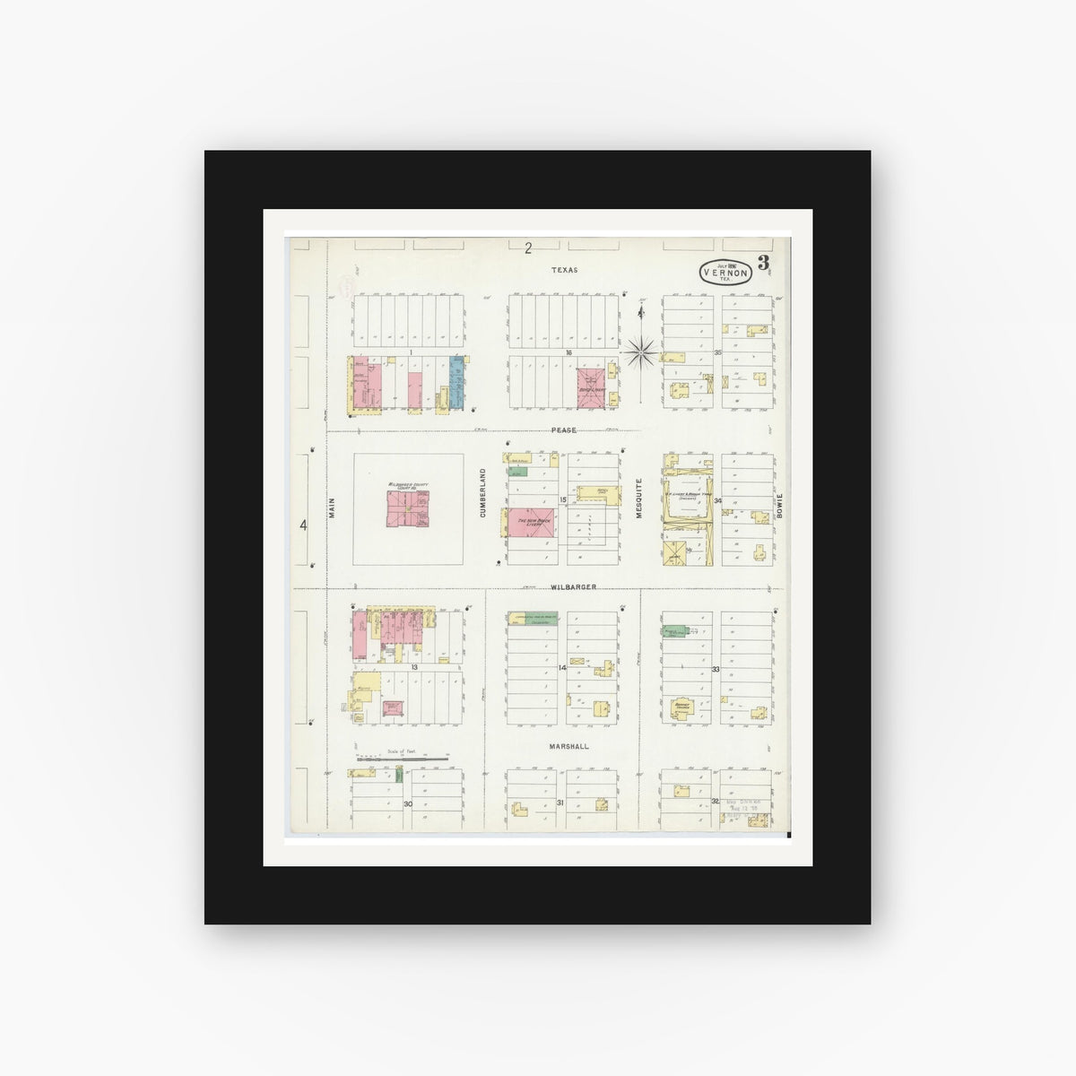 Old map wall art mockup — black gallery frame with white mat — Sanborn Fire Insurance Map from Vernon, Wilbarger County, Texas (1896), Sheet #0003