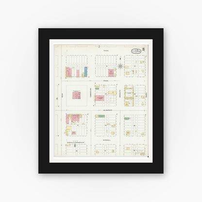 Old map wall art mockup — black gallery frame with white mat — Sanborn Fire Insurance Map from Vernon, Wilbarger County, Texas (1896), Sheet #0003