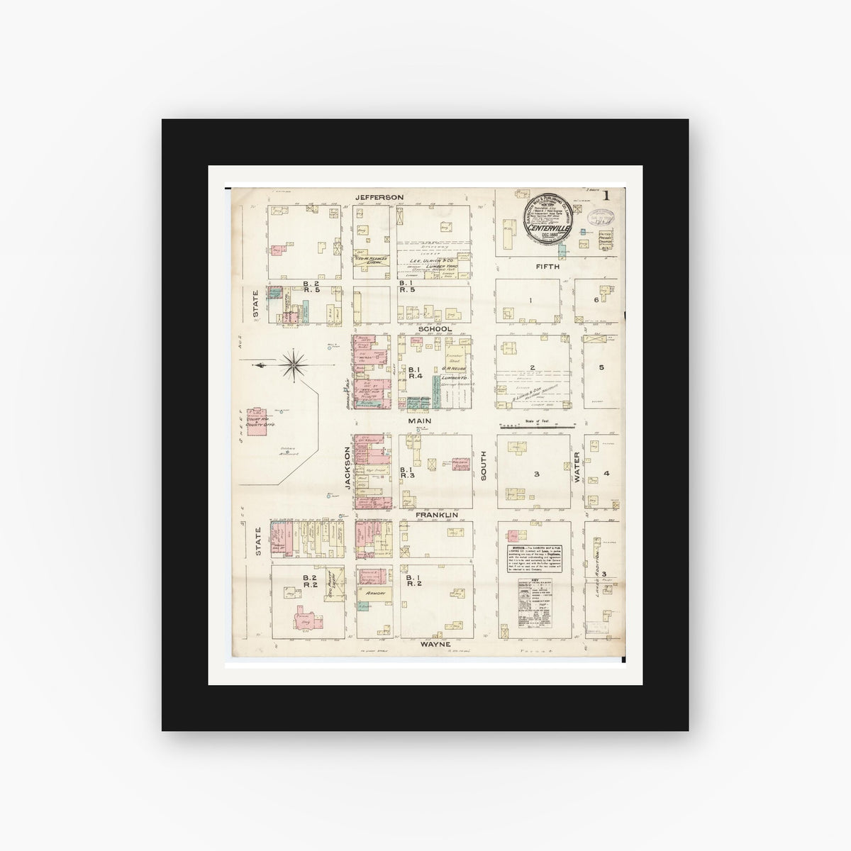 Old map wall art mockup — black gallery frame with white mat — Sanborn Fire Insurance Map from Centerville, Appanoose County, Iowa (1883) â€” Complete Set