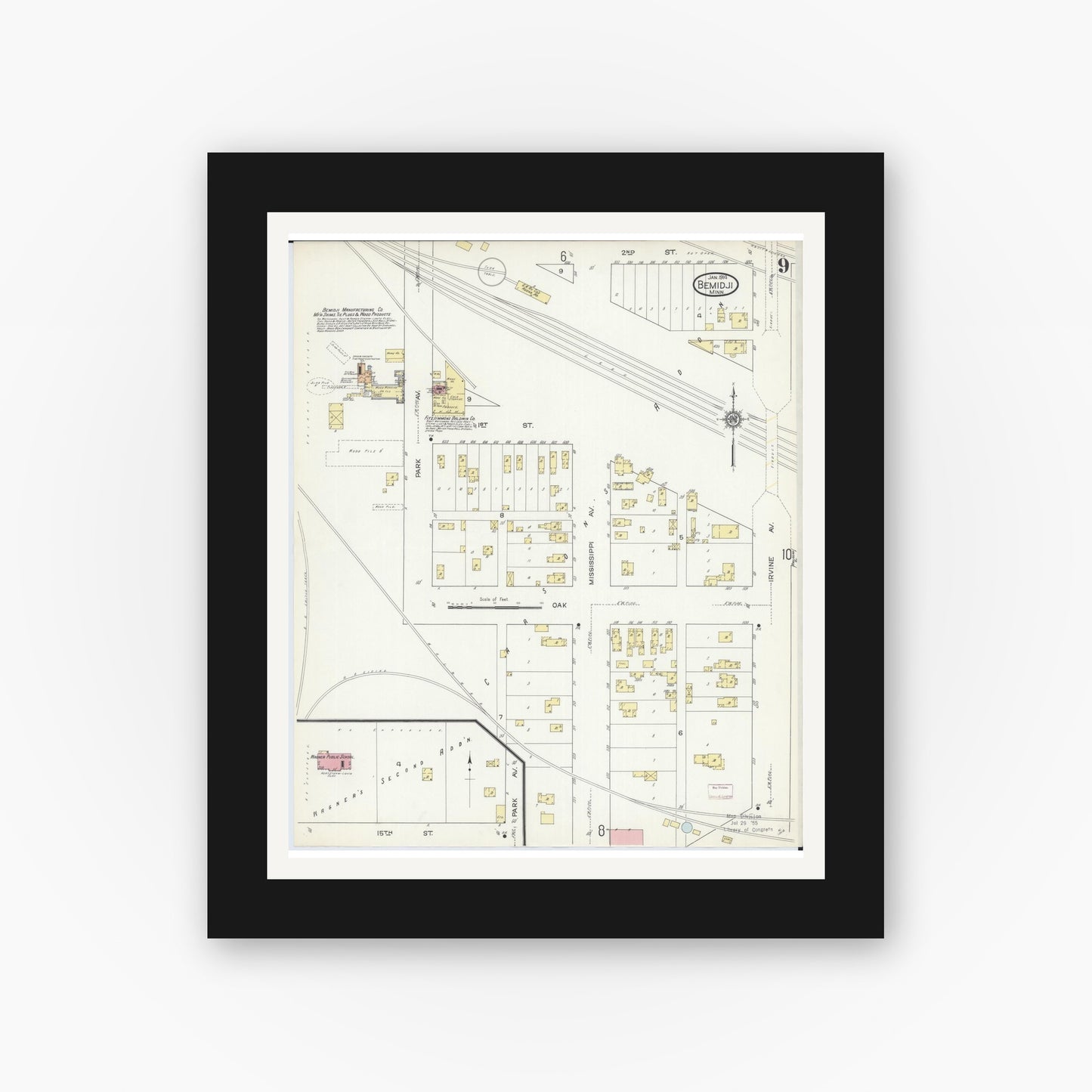 Old map wall art mockup — black gallery frame with white mat — Sanborn Fire Insurance Map from Bemidji, Beltrami County, Minnesota (1914), Sheet #0009