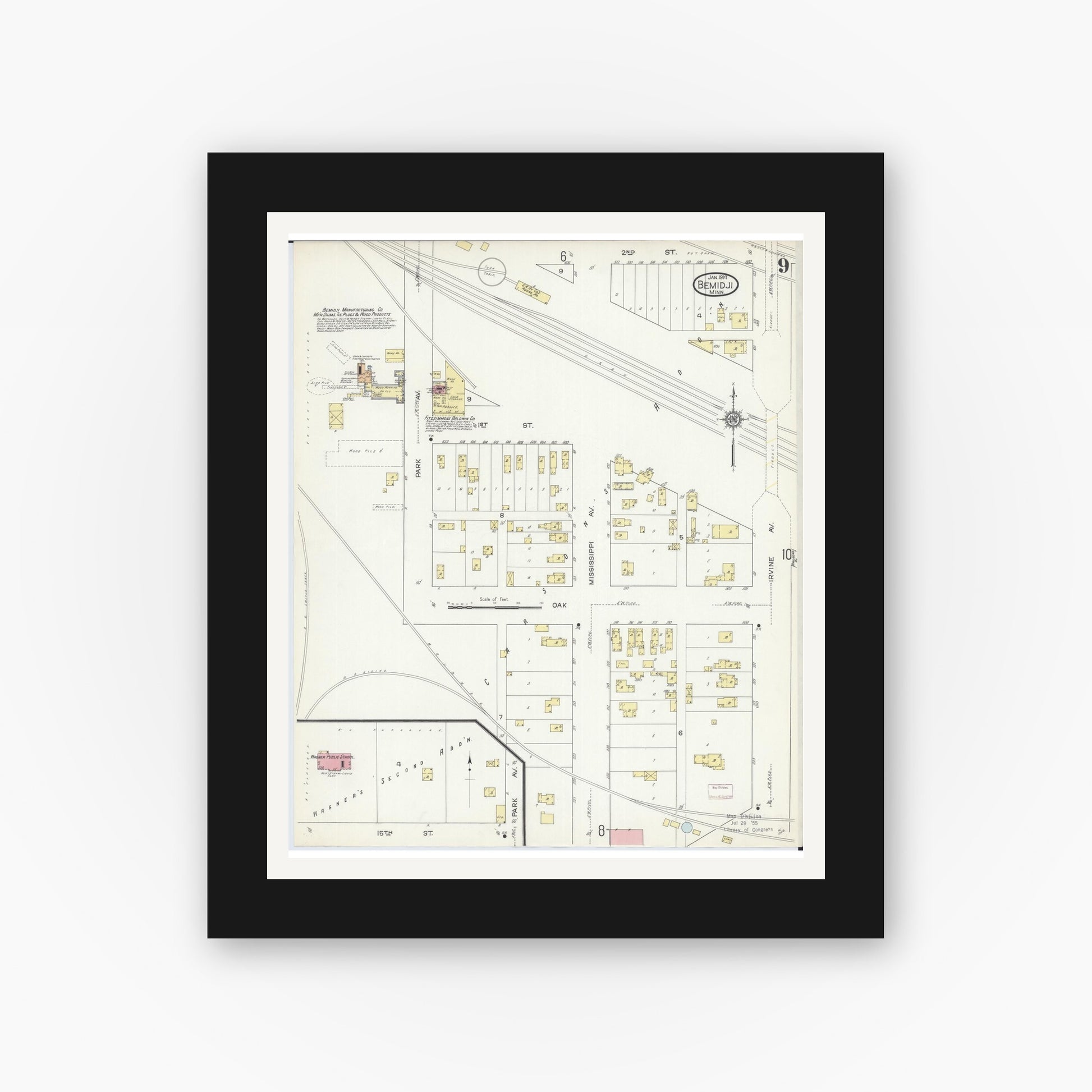 Old map wall art mockup — black gallery frame with white mat — Sanborn Fire Insurance Map from Bemidji, Beltrami County, Minnesota (1914), Sheet #0009