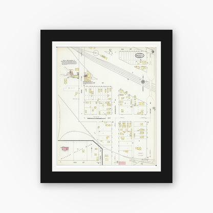 Old map wall art mockup — black gallery frame with white mat — Sanborn Fire Insurance Map from Bemidji, Beltrami County, Minnesota (1914), Sheet #0009