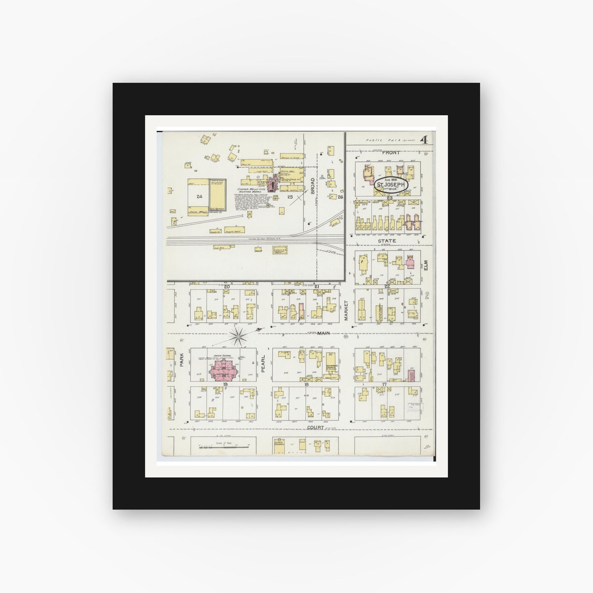 Old map wall art mockup — black gallery frame with white mat — Sanborn Fire Insurance Map from Saint Joseph, Berrien County, Michigan (1892), Sheet #0004