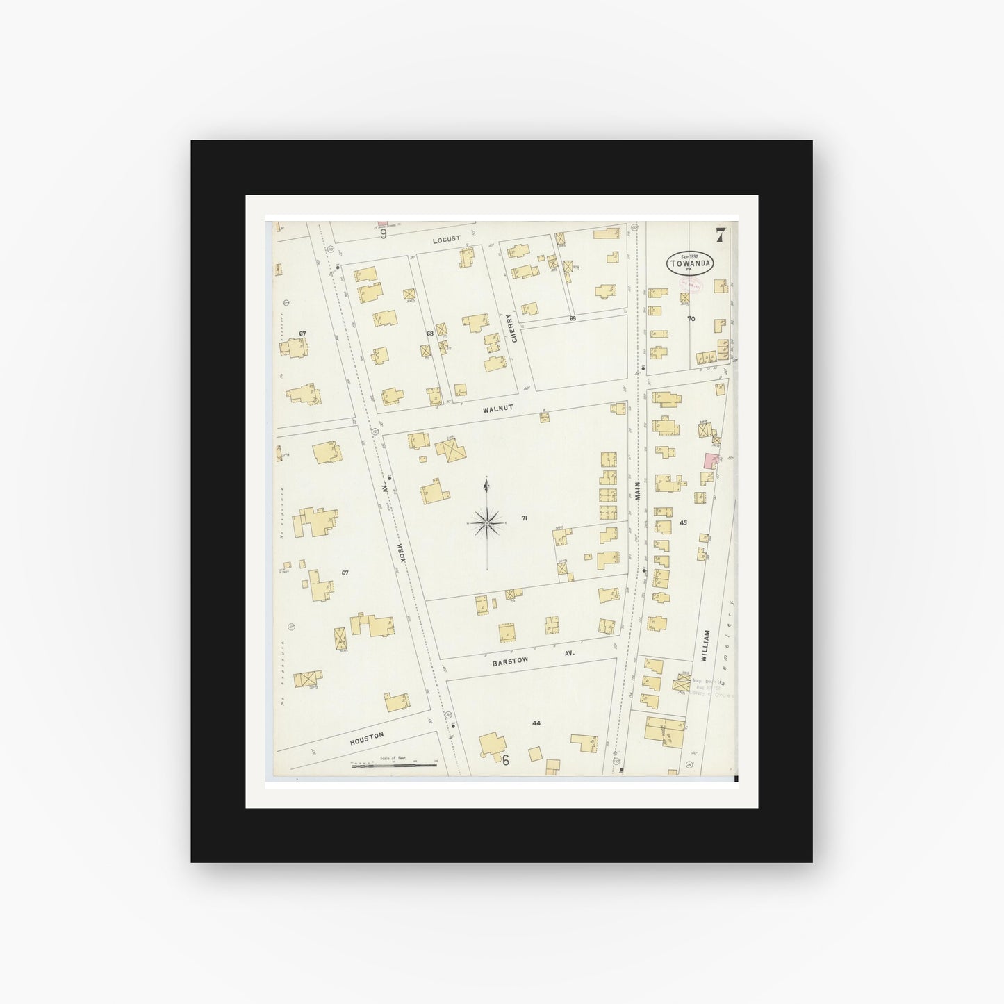 Old map wall art mockup — black gallery frame with white mat — Sanborn Fire Insurance Map from Towanda, Bradford County, Pennsylvania (1897), Sheet #0007