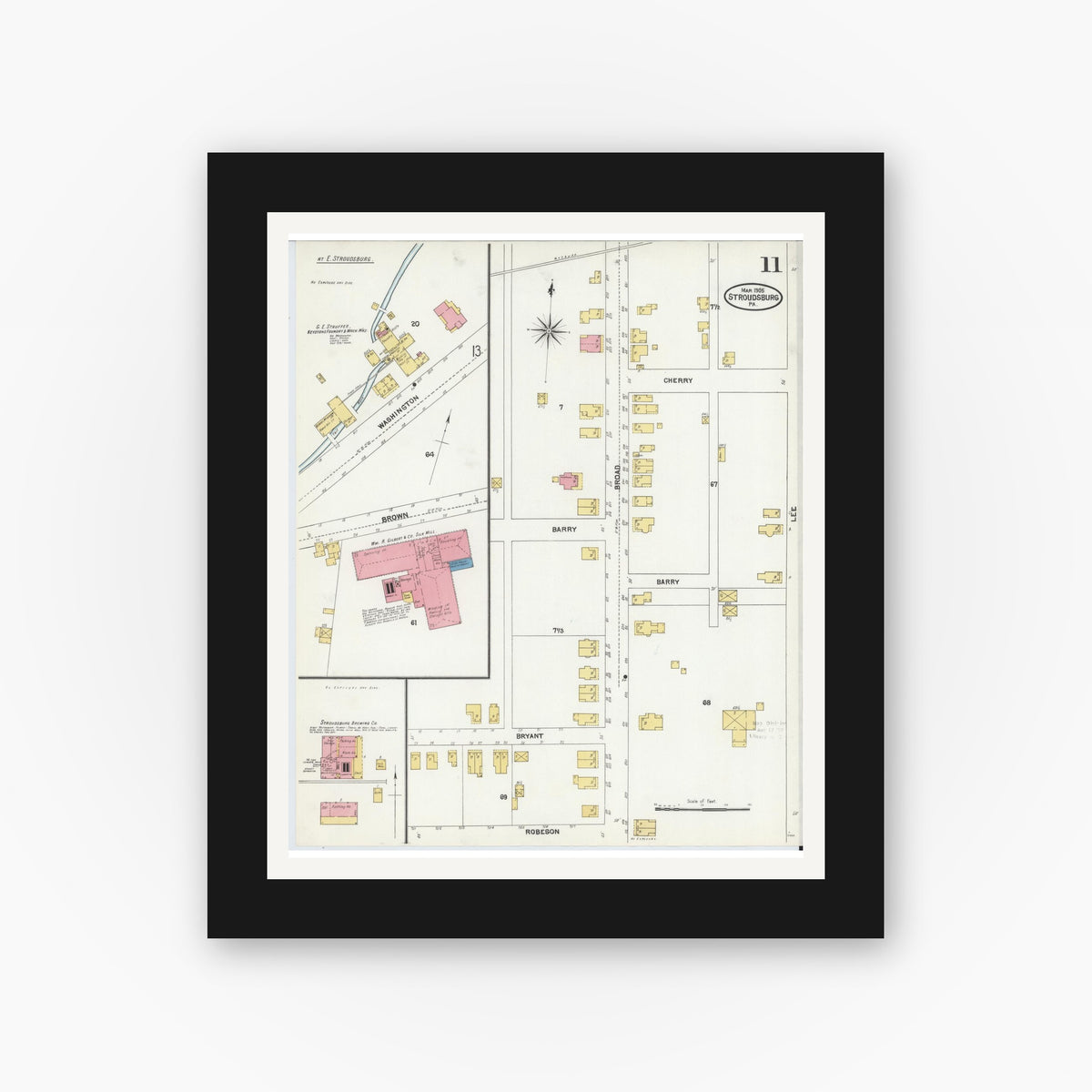 Old map wall art mockup — black gallery frame with white mat — Sanborn Fire Insurance Map from Stroudsburg, Monroe County, Pennsylvania (1905), Sheet #0011