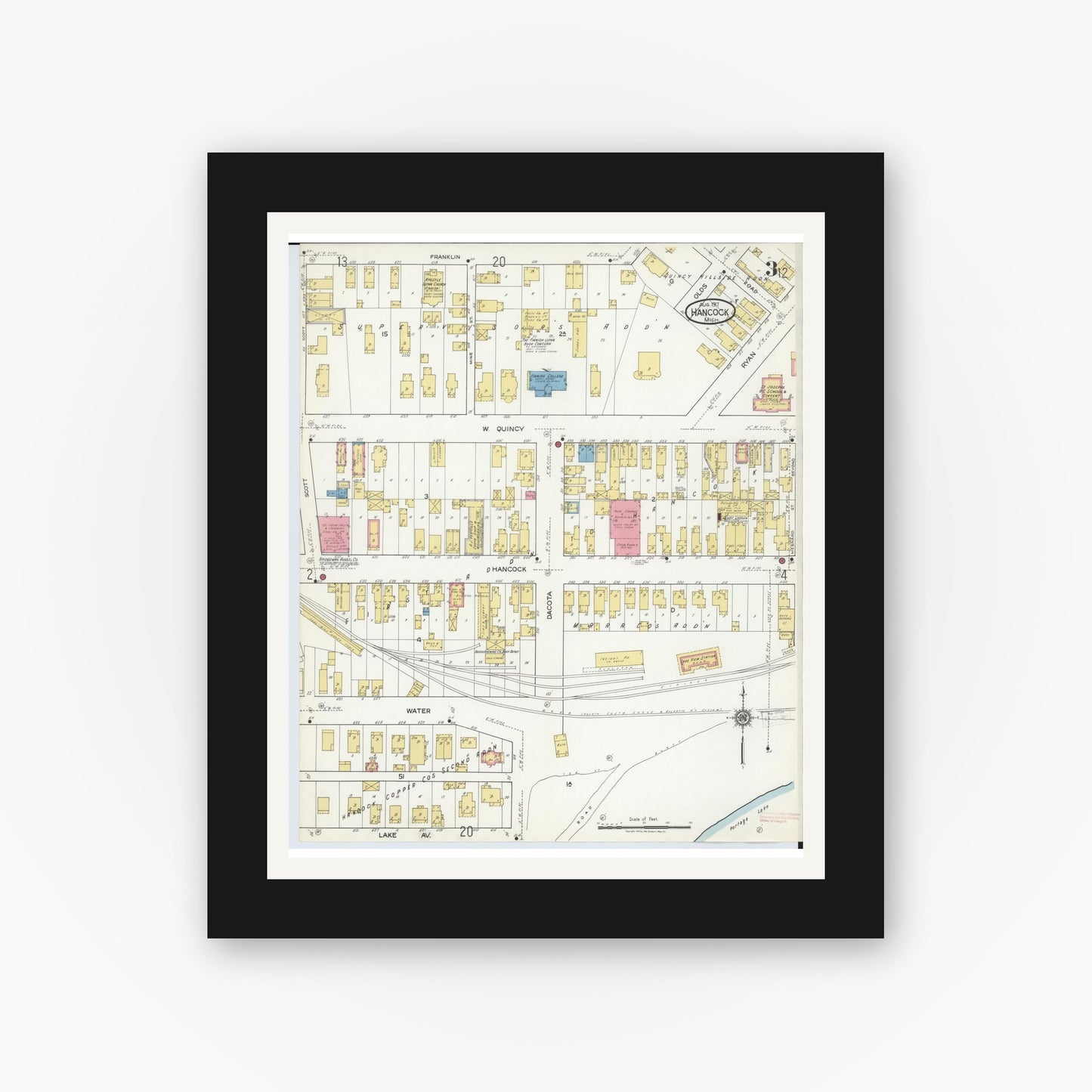 Old map wall art mockup — black gallery frame with white mat — Sanborn Fire Insurance Map from Hancock, Houghton County, Michigan (1917), Sheet #0003