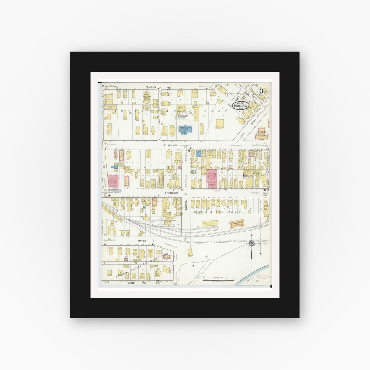 Old map wall art mockup — black gallery frame with white mat — Sanborn Fire Insurance Map from Hancock, Houghton County, Michigan (1917), Sheet #0003